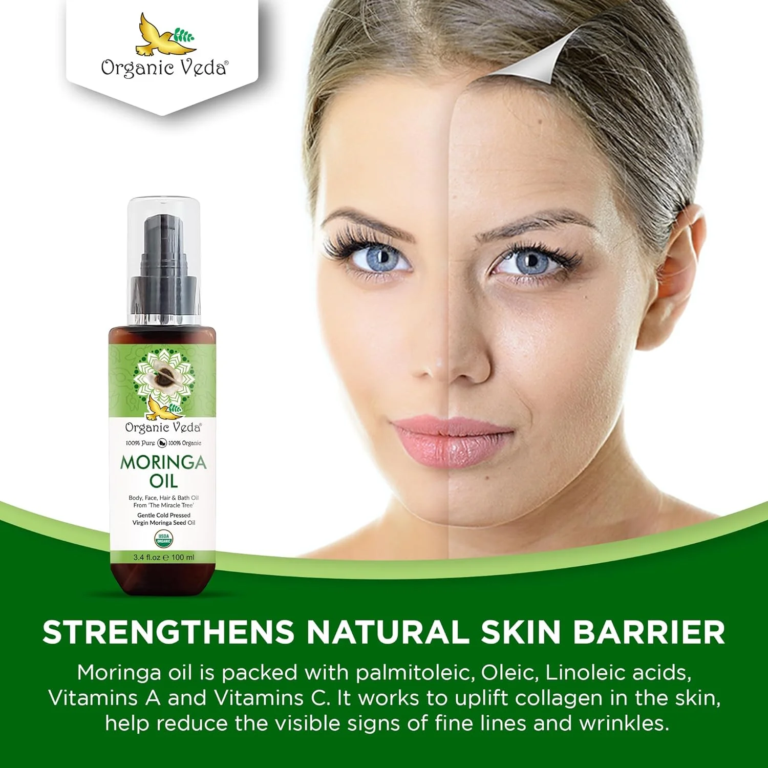 روغن مورینگا ارگانیک ودا 100 میلی لیتر | روغن دانه مورینگا پرس سرد ارگانیک دارای گواهی USDA، منتخب ممتاز خوراکی 100% خالص | برای صورت، پوست، مو، ناخن، پا و بدن