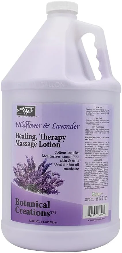 لوسیون ماساژ درمانی PRO NAIL - پدیکور حرفه ای، بدن و مانیکور روغن داغ، غنی شده با روغن های طبیعی، ویتامین ها، پانتنول و آمینو اسیدها (اسطوخودوس، 1 گالن)