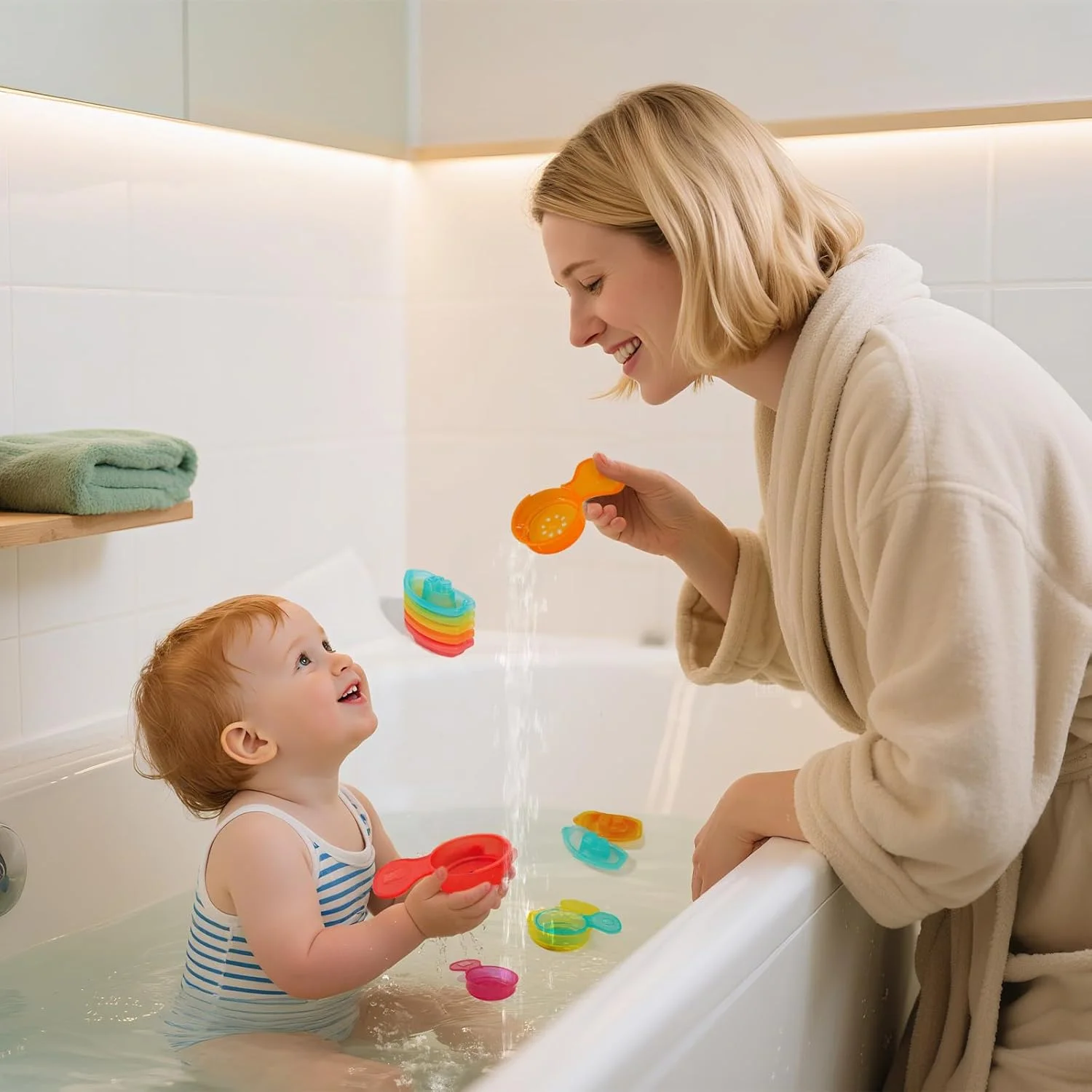 اسباب بازی حمام قایق های شناور رنگارنگ به همراه قاشق حمام، 11 تکه اسباب بازی میز آب مناسب کودکان 1 تا 3 سال / نوزادان 6 تا 12 ماه، اسباب بازی های وان حمام، اسباب بازی های استخر، اسباب بازی های ساحلی