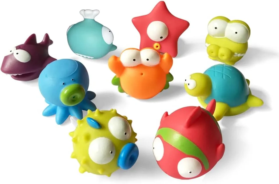 اسباب بازی حمام حیوانات دریایی (9 تکه)، ستاره دریایی نرم، کوسه، اختاپوس، نهنگ اقیانوسی، اسباب بازی های آبی مخلوقات آب وان برای کودکان نوپا