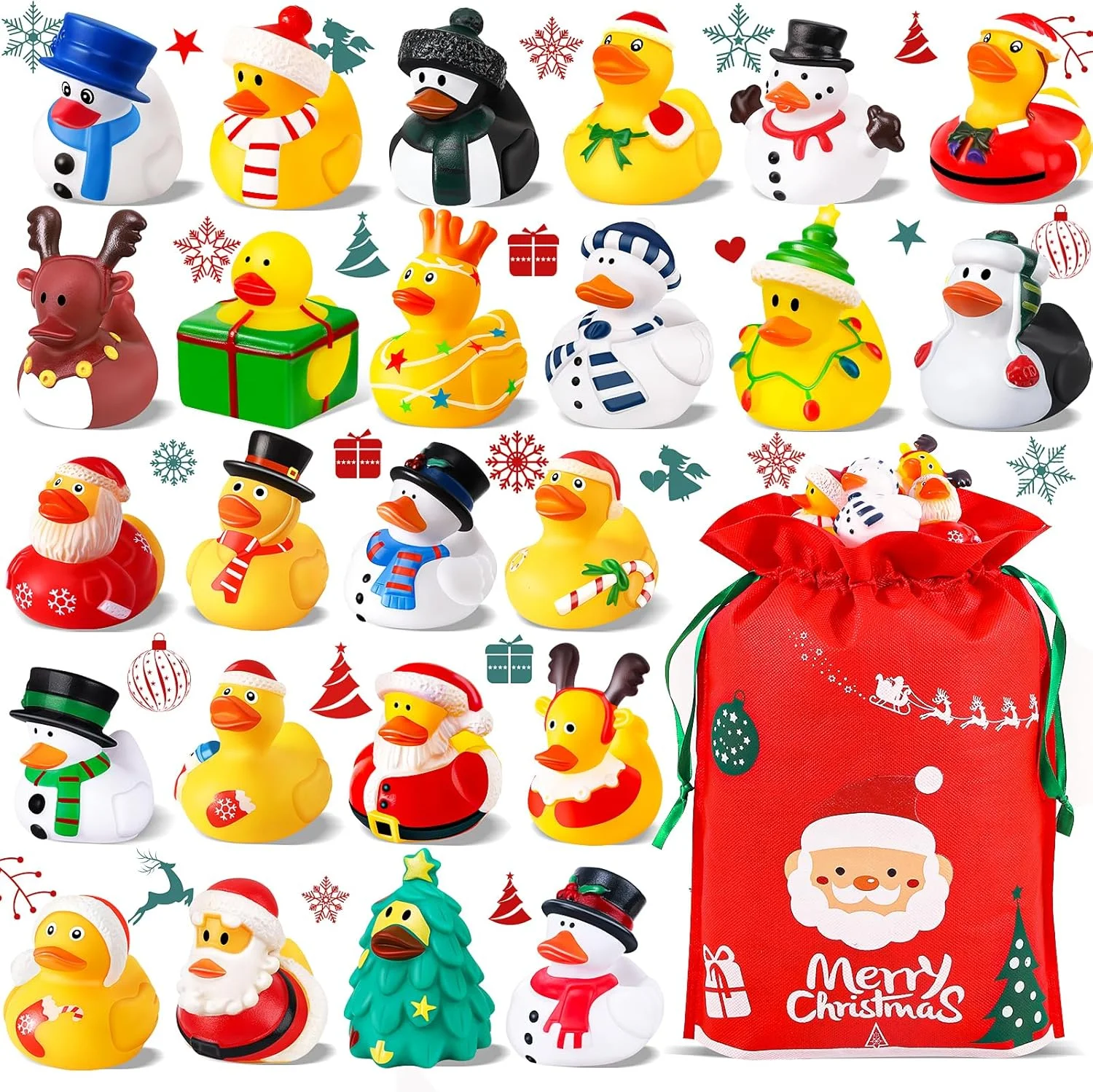 بسته 24 عددی اردک های لاستیکی کریسمس به صورت عمده با کیف، اردک های کریسمس برای بازی، پرکننده های کیسه هدیه کریسمس، هدایای تولد نوزاد، اسباب بازی های حمام مهمانی برای کودکان نوپا