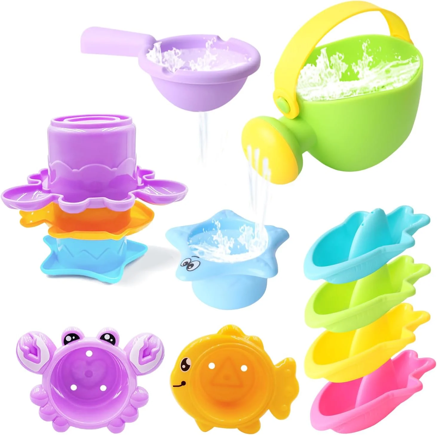 اسباب بازی حمام کودک برای پسران و دختران 1، 2 و 3 ساله، 9 تکه اسباب بازی آبی استخر، فنجان های چیدنی بدون کپک، آبپاش، کشتی های حمام، وان حمام، هدیه برای کودکان نوپا