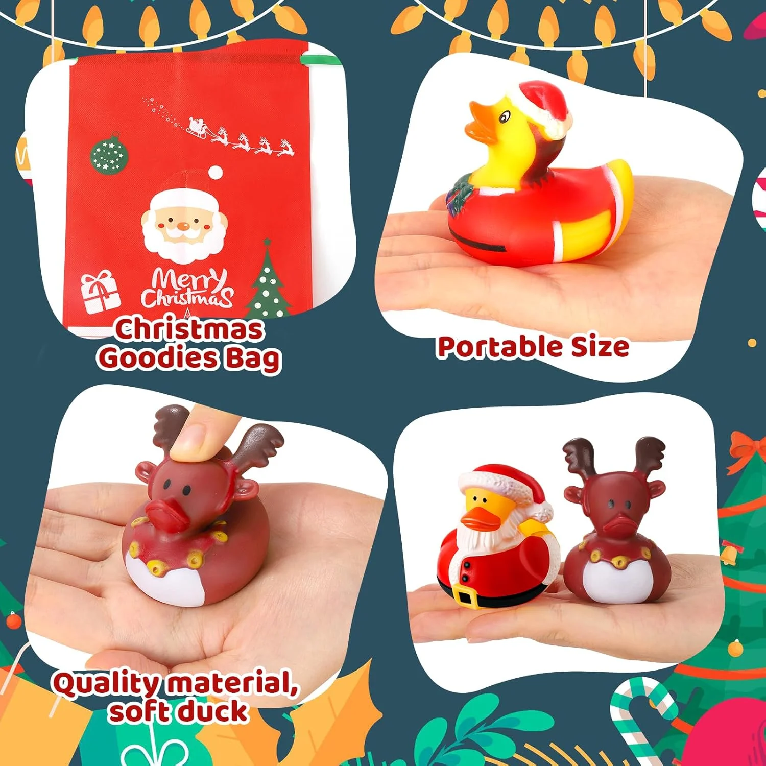 بسته 24 عددی اردک های لاستیکی کریسمس به صورت عمده با کیف، اردک های کریسمس برای بازی، پرکننده های کیسه هدیه کریسمس، هدایای تولد نوزاد، اسباب بازی های حمام مهمانی برای کودکان نوپا