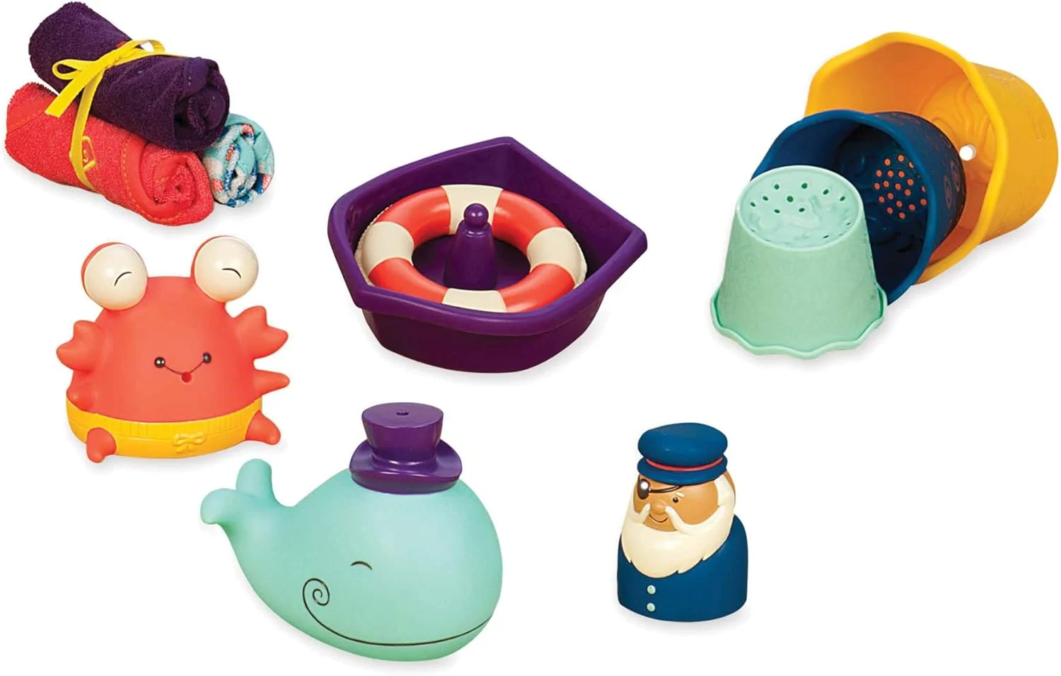 اسباب بازی حمام کودک B. toys - مجموعه بازی زمان حمام - 11 قطعه - فواره های حیوانات، فنجان های چیدنی، لیف حمام - نوزادان، کودکان - Wee Splashy