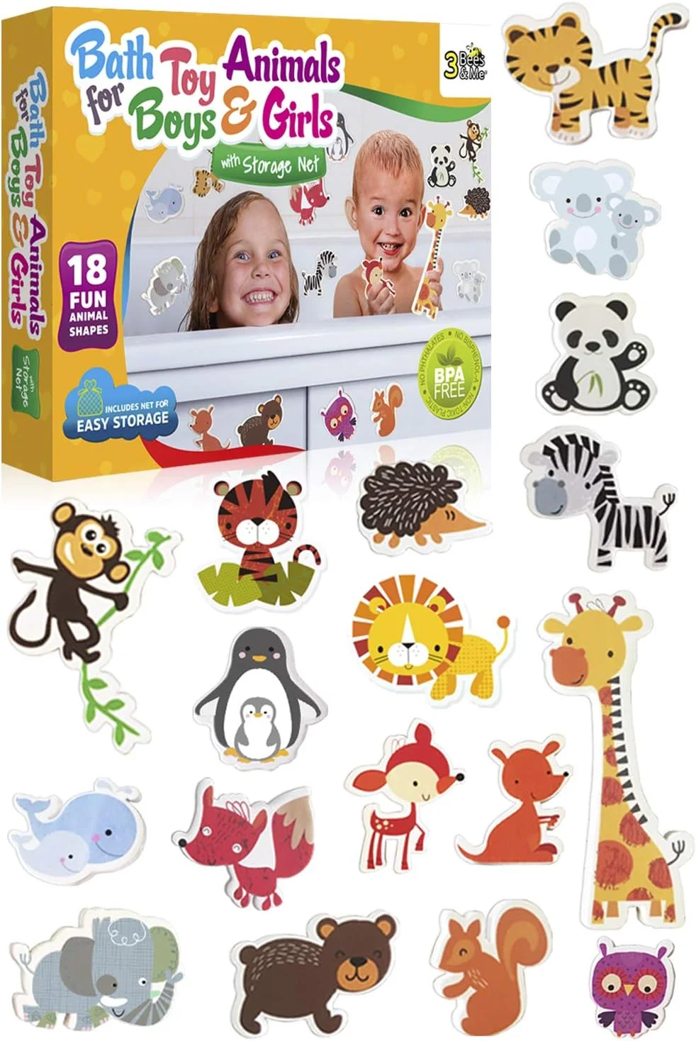 اسباب بازی های حمام حیوانات 3 Bees & Me برای دختران و پسران - حیوانات فومی سرگرم کننده با کیف نگهداری اسباب بازی حمام - ست 18 تکه اسباب بازی حمام کودک برای کودکان نوپا و بچه ها