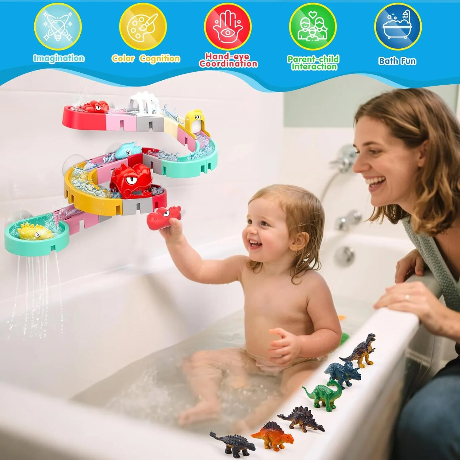 اسباب بازی حمام برای کودکان 4 تا 8 سال، اسباب بازی های دوش حمام سرسره آبی DIY بدون قالب، اسباب بازی های حمام کودکان نوپا با 6 مینی اسباب بازی دایناسور، مجموعه ساخت مسیر دیواری، کیت سرگرم کننده DIY هدیه تولد برای پسران و دختران 1 2 3 4 5