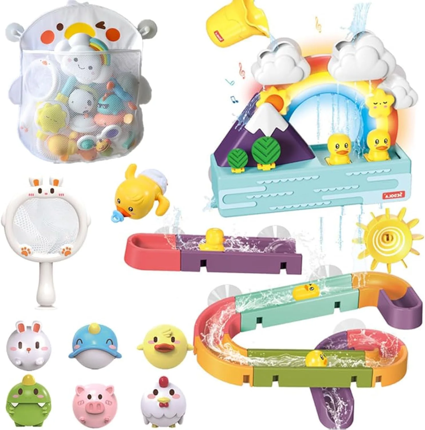 اسباب بازی حمام، مجموعه اسباب بازی حمام، اسباب بازی مسیر مرمری DIY برای کودکان 3، 4، 5 و 6 ساله، اسباب بازی آبی با تور ماهیگیری، هدیه سرگرم کننده حمام برای دختران و پسران