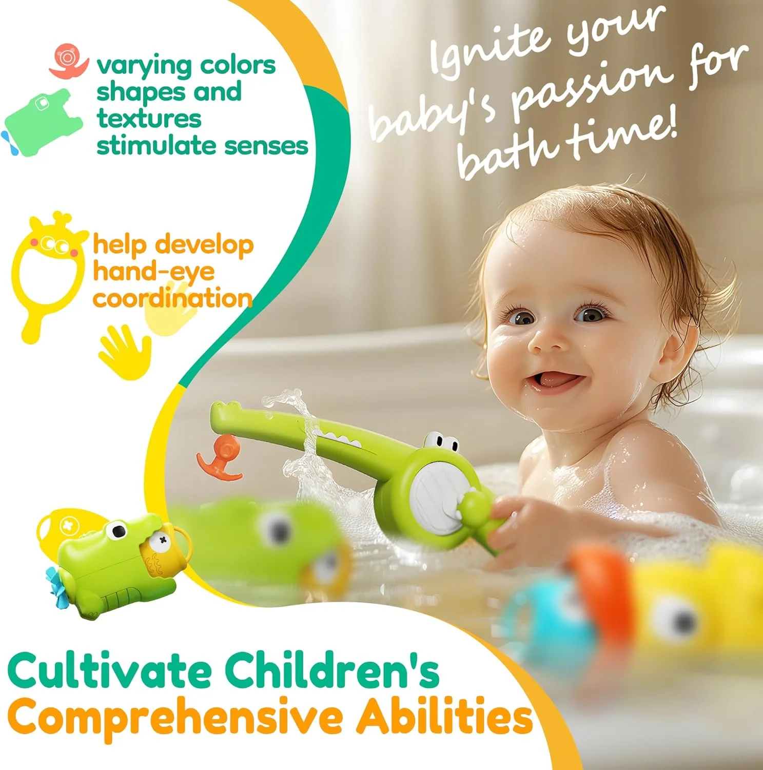 اسباب بازی های حمام کودکان - بازی ماهیگیری با تور ماهیگیری، هدیه تولد برای پسران و دختران 3-5 ساله، اسباب بازی عالی برای وان حمام، استخر و تفریح ​​در ساحل