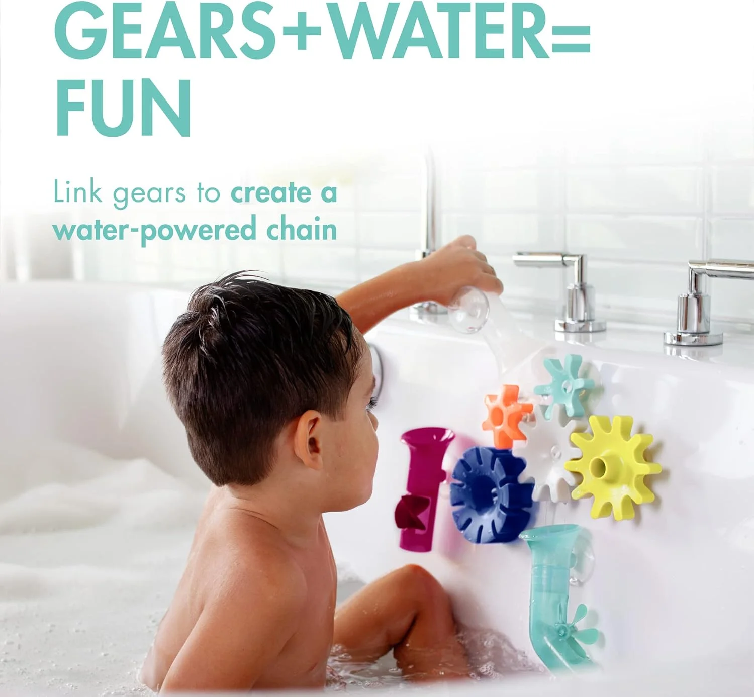 اسباب بازی های حمام کودک Boon Cogs - اسباب بازی های حسی با تم چرخ دنده برای وان حمام - اسباب بازی های مکنده برای دیوارهای وان حمام - سرمه ای و زرد - 5 عدد - مناسب برای 12 ماه به بالا