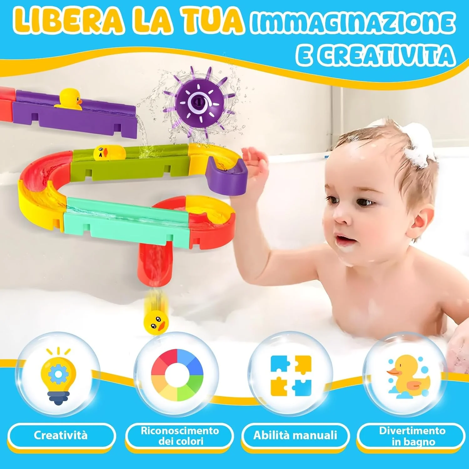 اسباب بازی حمام، مجموعه اسباب بازی حمام، اسباب بازی مسیر مرمری DIY برای کودکان 3، 4، 5 و 6 ساله، اسباب بازی آبی با تور ماهیگیری، هدیه سرگرم کننده حمام برای دختران و پسران