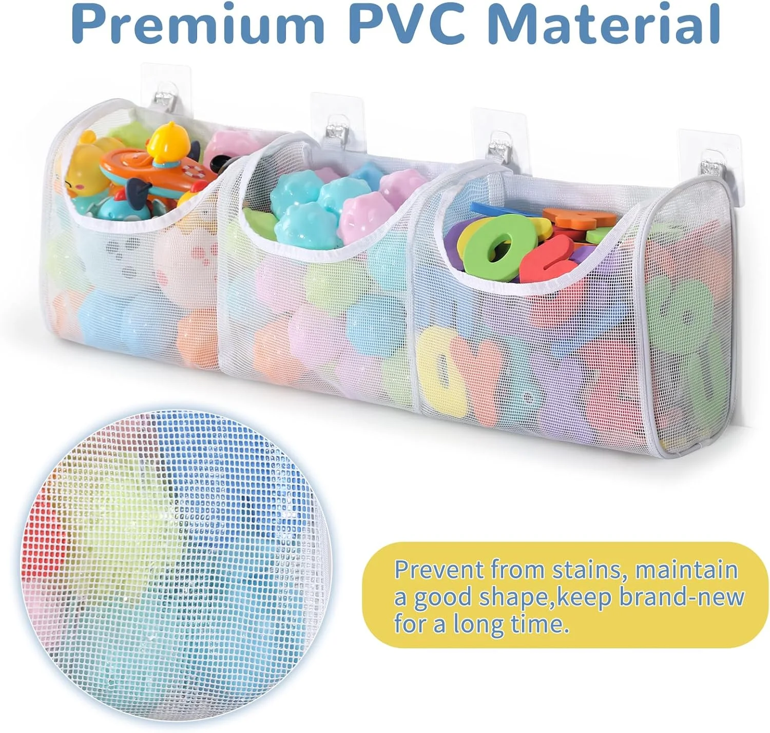 محفظه نگهداری اسباب بازی حمام، محفظه بزرگ با 3 قسمت جداگانه، سازمان دهنده اسباب بازی وان حمام با دهانه باز، سبد توری دوش برای اسباب بازی های حمام کودک