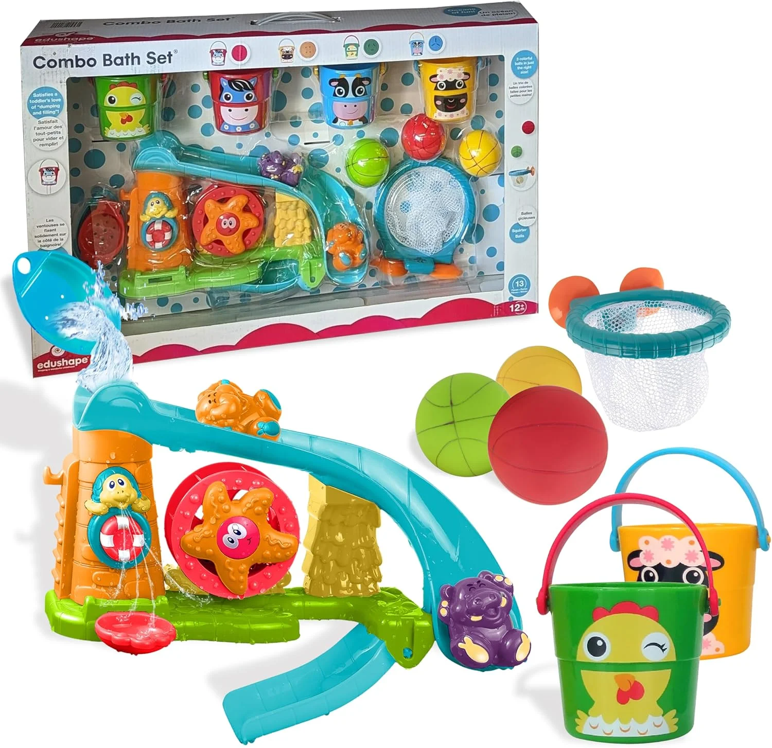 مجموعه حمام ترکیبی Edushape برای کودکان - مجموعه 3 در 1 برای سرگرمی فراوان در وان - مجموعه بازی بسکتبال حمام، سطل های خنده دار و پارک تفریحی آبی برای نوزادان و کودکان نوپا 1-3 ساله مجموعه حمام ترکیبی Edushape برای کودکان - مجموعه 3 در 1 برای سرگرمی فراوان در وان - مجموعه بازی بسکتبال حمام، سطل های خنده دار و پارک تفریحی آبی برای نوزادان و کودکان نوپا 1-3 ساله