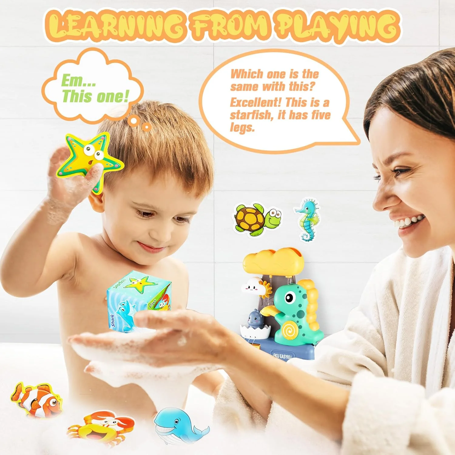 اسباب بازی های حمام دایناسور EKU برای کودکان نوپا 1 2 3 ساله، دختر و پسر، با تم اقیانوس شناور، تاس تعاملی، بدون کپک، بازی ماهیگیری، زمان حمام، کیف سازمان دهنده اسباب بازی های آبی، هدیه دوش حمام برای نوزادان و کودکان