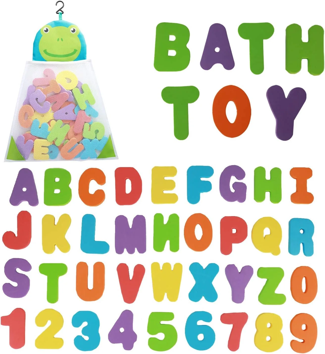 ارگانایزر اسباب بازی حمام + 36 حروف و اعداد الفبای فوم نرم برای اسباب بازی های حمام کودک برای یادگیری اولیه حروف فوم و کیف توری نگهداری خشک شونده سریع ارگانایزر اسباب بازی حمام + 36 حروف و اعداد الفبای فوم نرم برای اسباب بازی های حمام کودک برای یادگیری اولیه حروف فوم و کیف توری نگهداری خشک شونده سریع