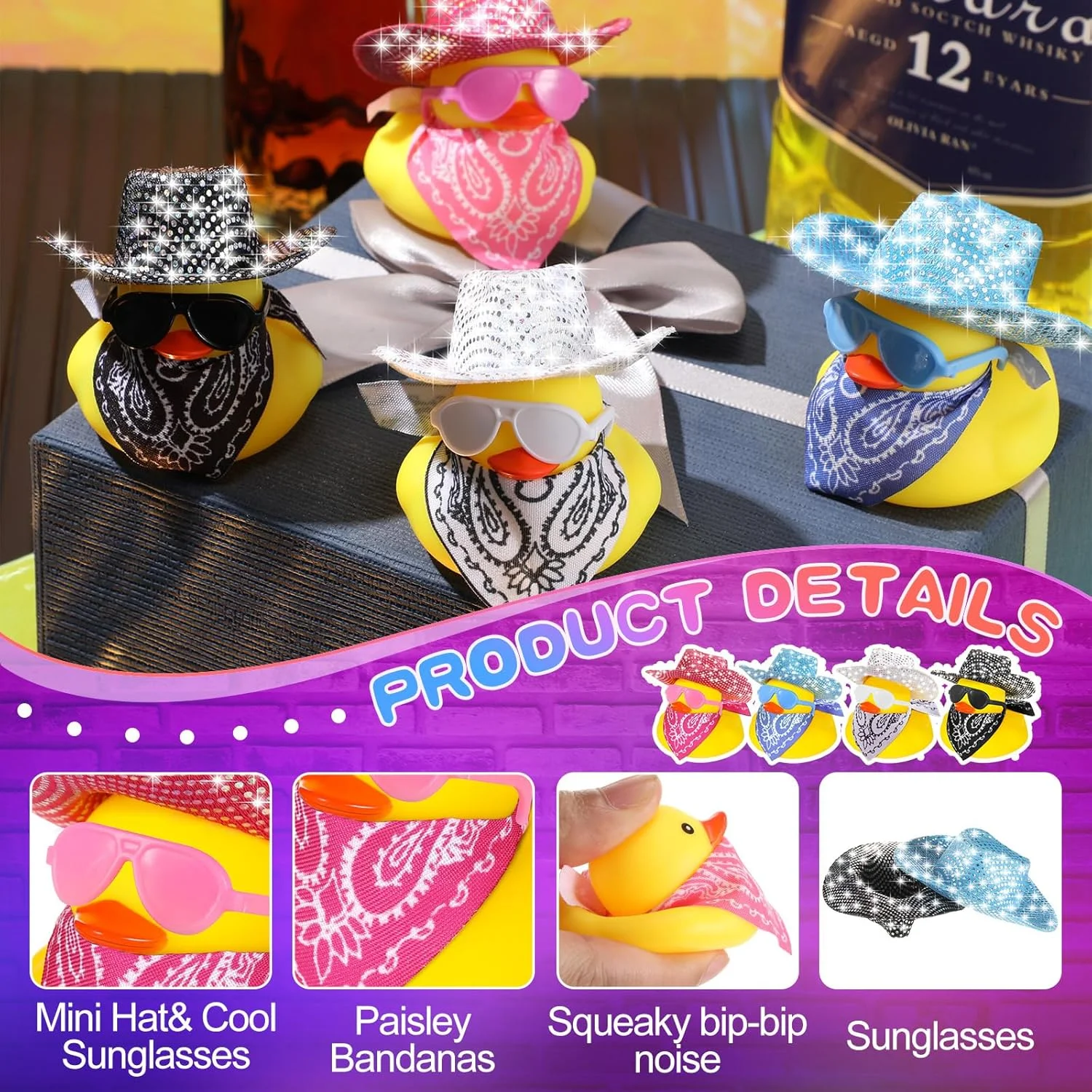 ست 24 عددی اردک لاستیکی کابوی دیسکو Hanaive با کلاه فضایی هولوگرافی مینیاتوری روشن شونده، شال گردن، عینک آفتابی، اسباب بازی حمام اردک لاستیکی زیبا، لوازم جانبی وان حمام، هدیه تولد نوزاد، دکوراسیون عروسک (سبک براق)
