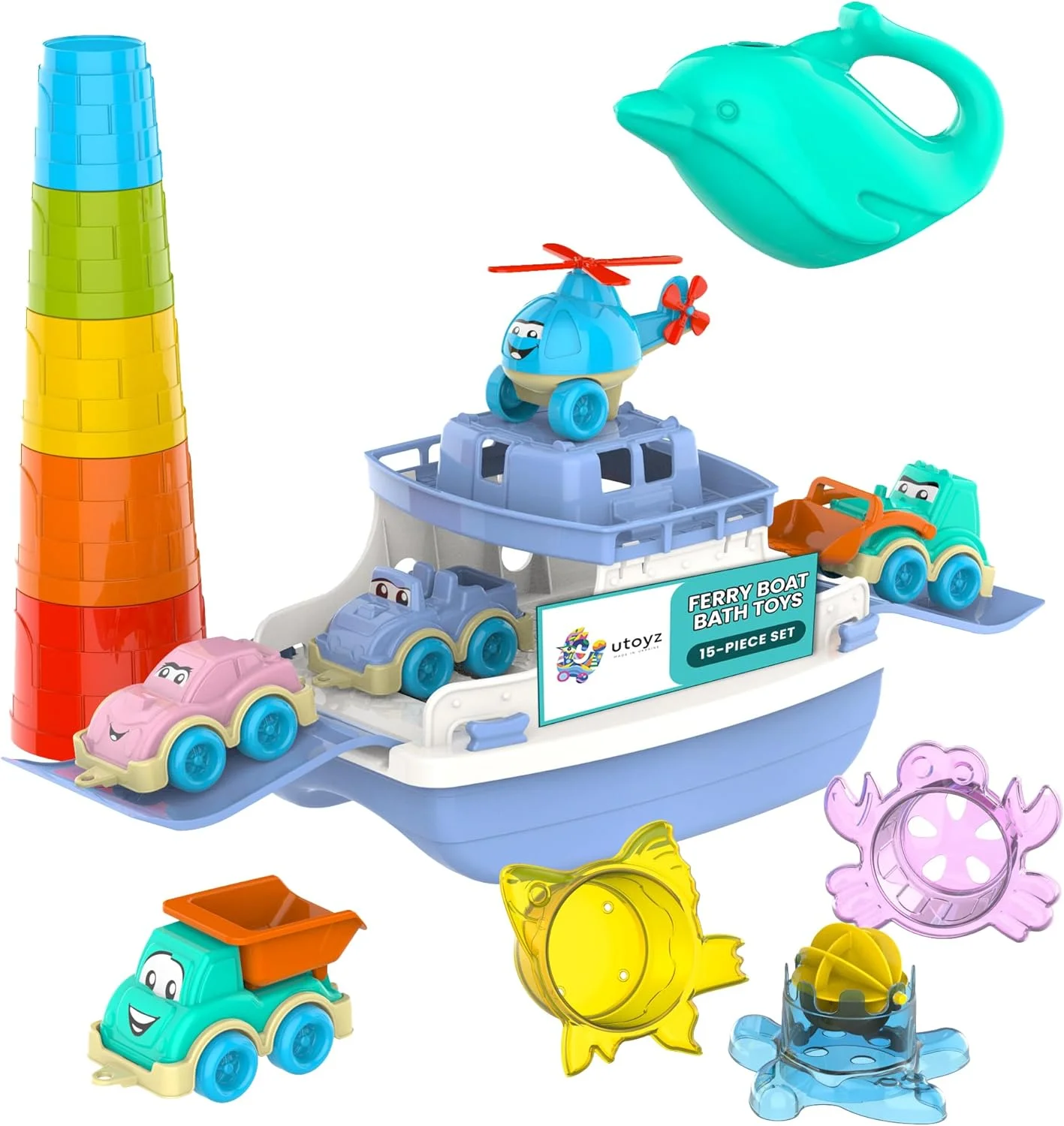 مجموعه اسباب بازی حمام قایق مسافربری برای کودکان 15 تکه | شامل قایق مسافربری، ماشین، کامیون، هلیکوپتر، فنجان های چیدنی و حیوانات اسباب بازی برای نوزادان دختر و پسر | بازی های داخل حمام برای کودکان نوپا | مناسب برای کودکان 1 سال به بالا