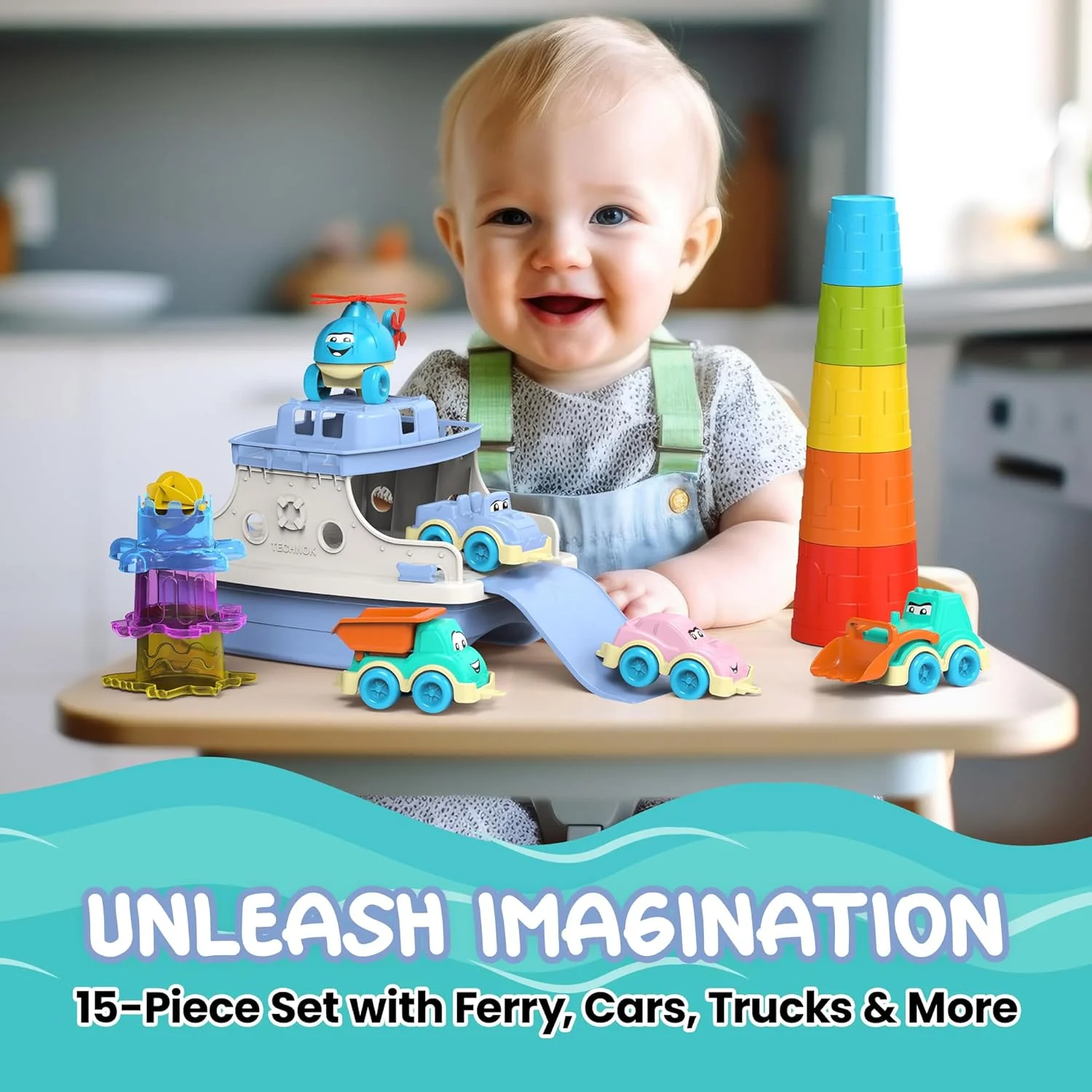 مجموعه اسباب بازی حمام قایق مسافربری برای کودکان 15 تکه | شامل قایق مسافربری، ماشین، کامیون، هلیکوپتر، فنجان های چیدنی و حیوانات اسباب بازی برای نوزادان دختر و پسر | بازی های داخل حمام برای کودکان نوپا | مناسب برای کودکان 1 سال به بالا