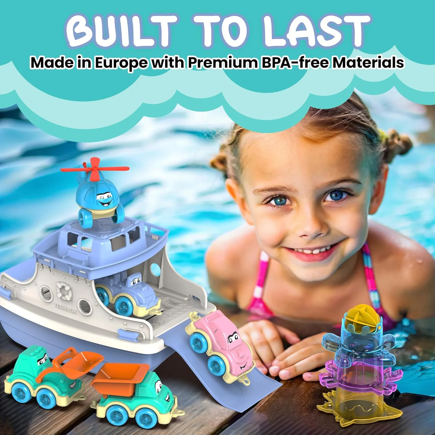 مجموعه اسباب بازی حمام قایق مسافربری برای کودکان 15 تکه | شامل قایق مسافربری، ماشین، کامیون، هلیکوپتر، فنجان های چیدنی و حیوانات اسباب بازی برای نوزادان دختر و پسر | بازی های داخل حمام برای کودکان نوپا | مناسب برای کودکان 1 سال به بالا