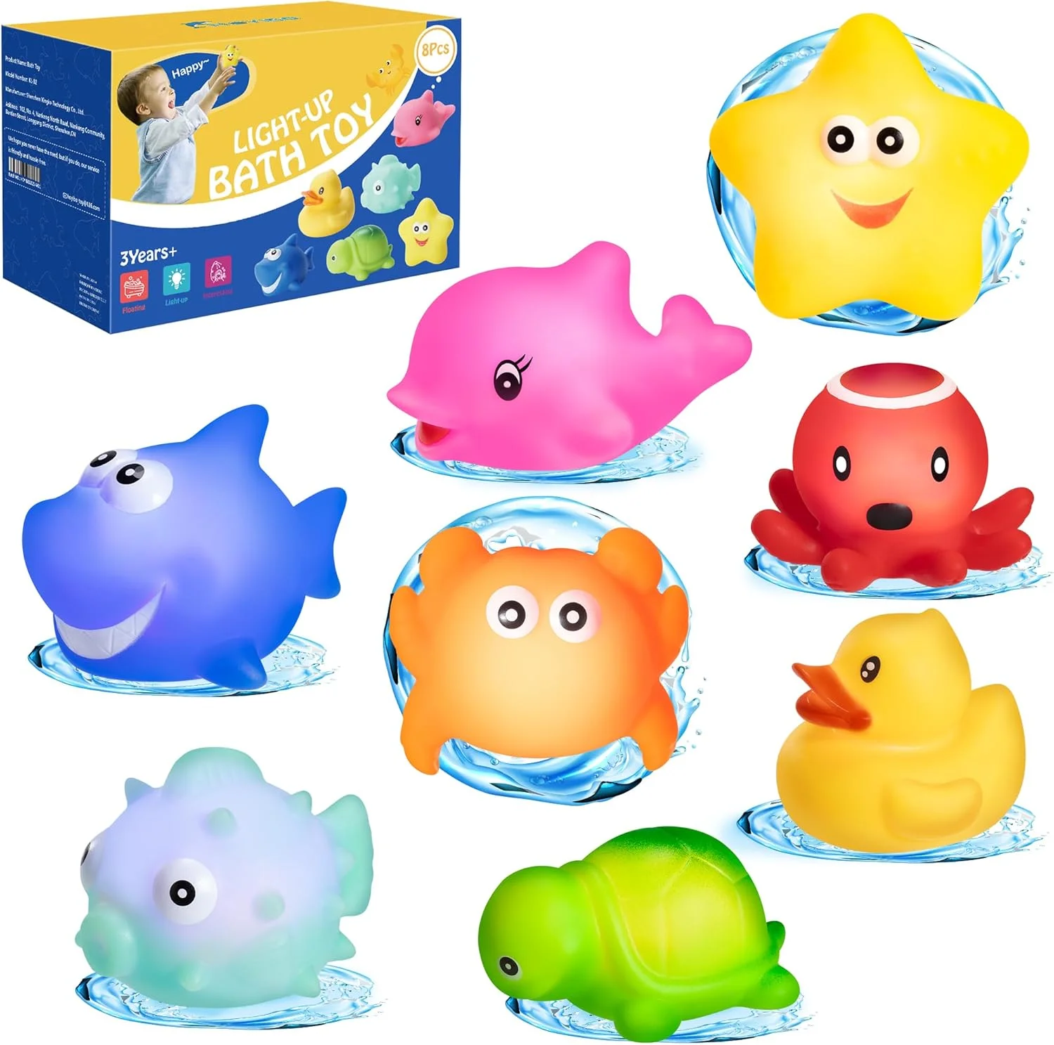اسباب بازی حمام - بسته 8 عددی اسباب بازی های چراغ دار حمام با چراغ های چشمک زن رنگارنگ، اسباب بازی های شناور آبی، اسباب بازی حمام برای کودکان 3-5 ساله، هدیه برای دختران و پسران
