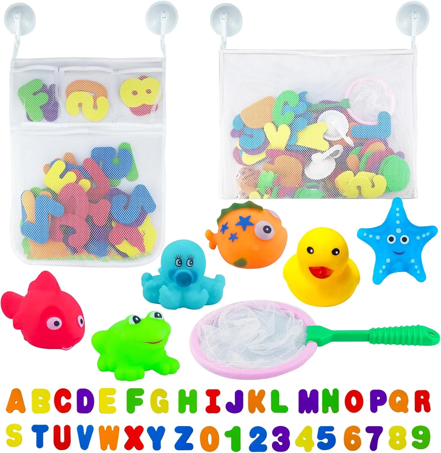 مجموعه نگهدارنده اسباب بازی حمام هیماز هاومارک - 2 توری ذخیره سازی خشک شونده سریع با حروف و اعداد فوم نرم و تور ماهیگیری و فنجان های مکش اضافی برای بازی و یادگیری کودکان نوپا