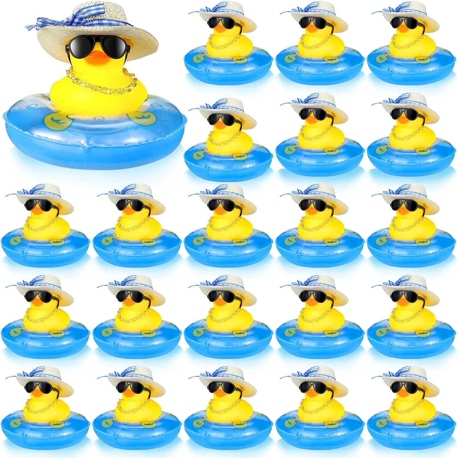 مجموعه 24 عددی اردک های لاستیکی تابستانی Honoson، مینی اردک زرد، اسباب بازی حمام، تزئینات داشبورد ماشین با کلاه آفتابی مینیاتوری، حلقه شنا، گردنبند و عینک آفتابی برای حمام، دوش، تولد، شنا