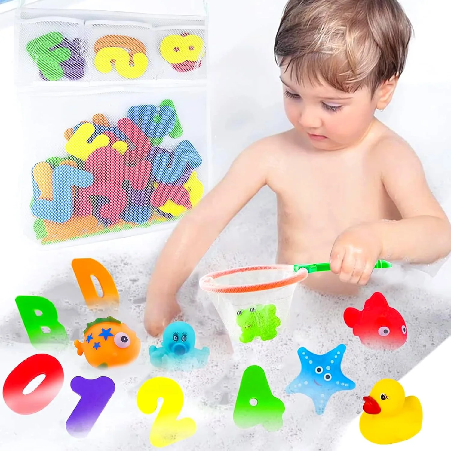 مجموعه نگهدارنده اسباب بازی حمام هیماز هاومارک - 2 توری ذخیره سازی خشک شونده سریع با حروف و اعداد فوم نرم و تور ماهیگیری و فنجان های مکش اضافی برای بازی و یادگیری کودکان نوپا