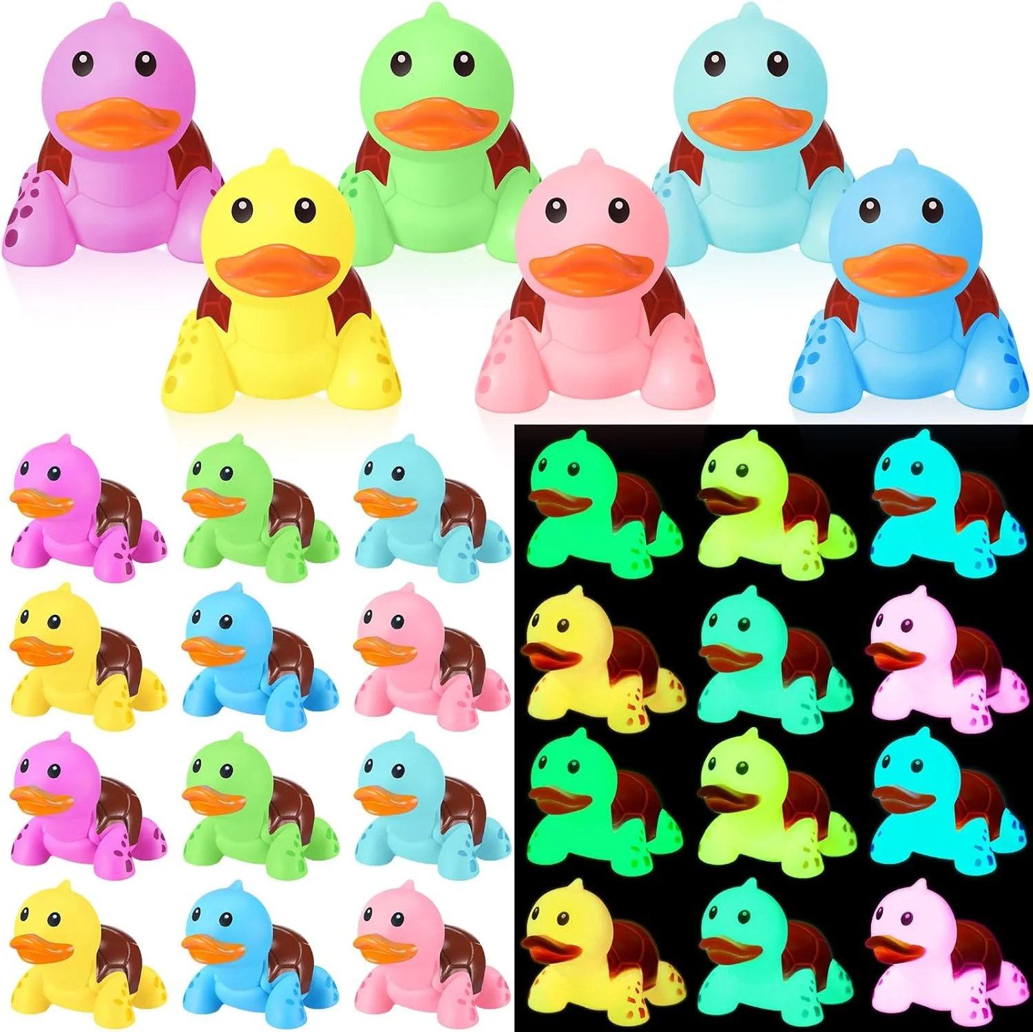 اردک و لاک پشت لاستیکی شب تاب 24 عددی، مینیاتوری فانتزی و جذاب، اسباب بازی های لاستیکی حیوانات دریایی مناسب برای حمام، مهمانی استخر، ساحل و دکور (رنگی)
