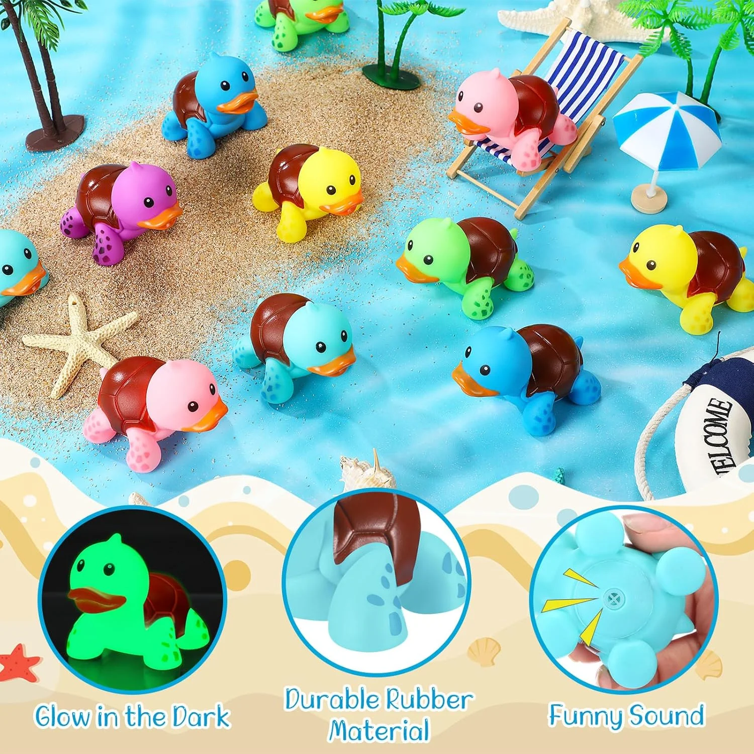 اردک و لاک پشت لاستیکی شب تاب 24 عددی، مینیاتوری فانتزی و جذاب، اسباب بازی های لاستیکی حیوانات دریایی مناسب برای حمام، مهمانی استخر، ساحل و دکور (رنگی)