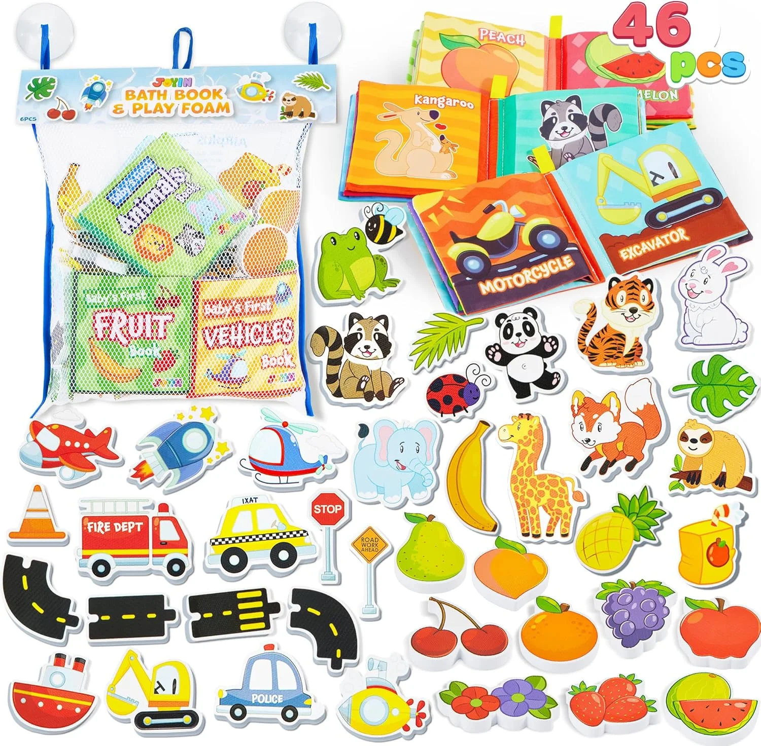 مجموعه 42 عددی استیکرهای فومی حمام جویین و 3 کتاب حمام، اسباب بازی فومی حمام با توری نگهدارنده، کتاب پارچه ای نرم و خش خش دار کودک، اسباب بازی آویز وان حمام با پدهای مکنده برای حمام و دوش کودک نوپا