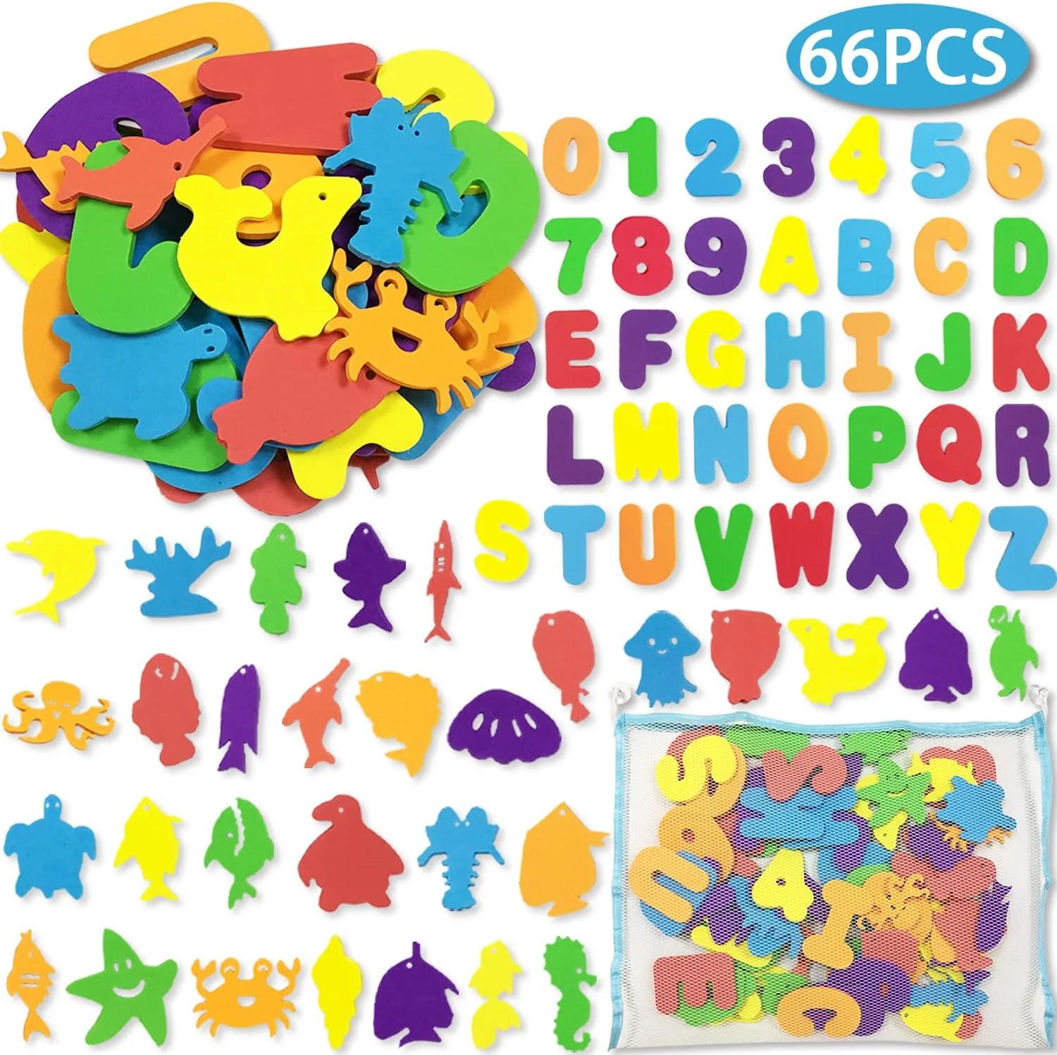 مجموعه 66 عددی اسباب بازی حمام شامل حروف الفبا، اعداد و حیوانات فومی برای سرگرمی کودکان در حمام