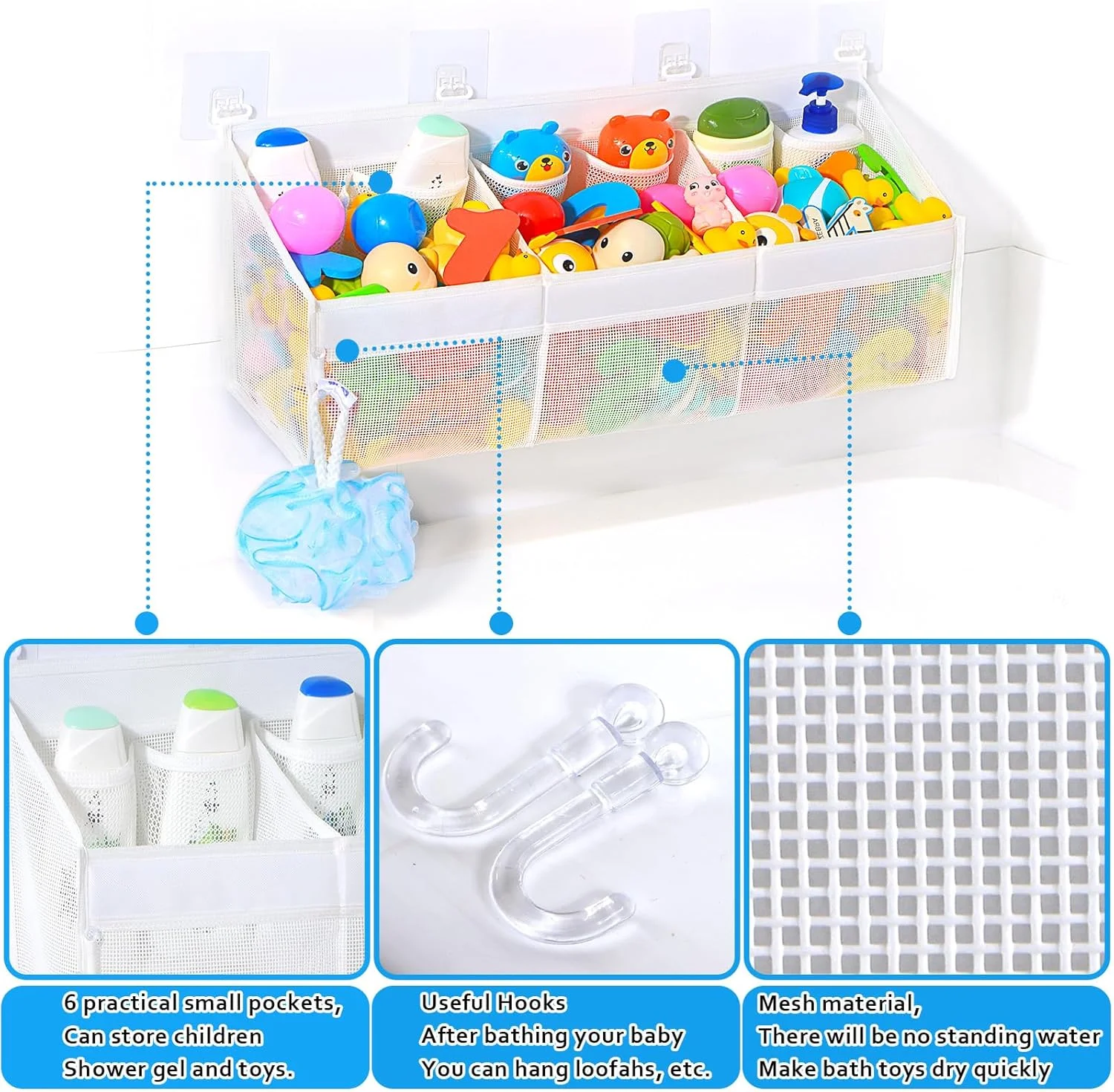 کی پی اچ تجربه نگهداری اسباب بازی حمام را بهبود بخشیده است، با داشتن محفظه نگهداری اسباب بازی وان که دارای 6 جیب و توری فوق العاده قابل تنفس است که به سرعت خشک می شود، نظم دهنده اسباب بازی حمام، استفاده آسان