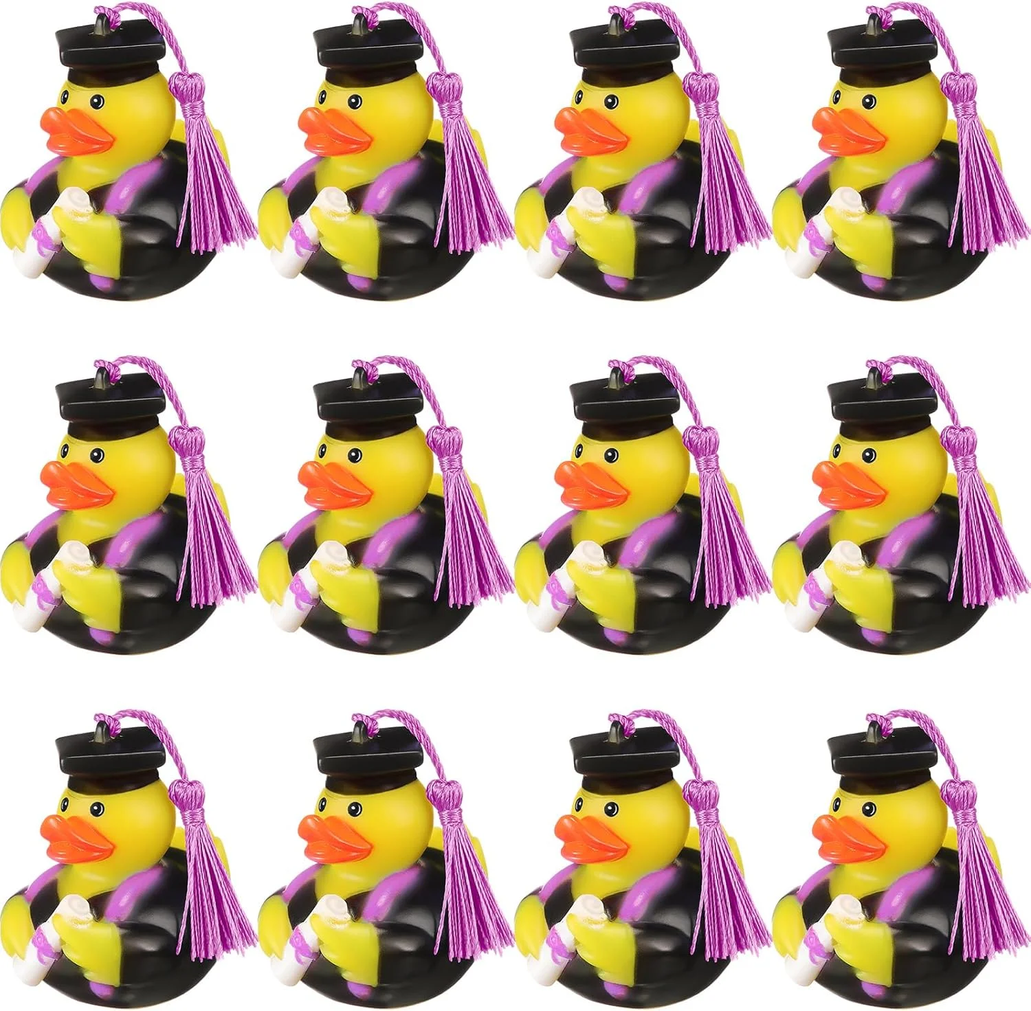 اردک های لاستیکی فارغ التحصیلی Lewtemi، بسته 12 عددی، اردک های لاستیکی فارغ التحصیلی 2023، تزئین کیک برای جشن های دانشجویی، استخر و مهمانی با تم، 6.35 سانتی متر (مشکی، بنفش)