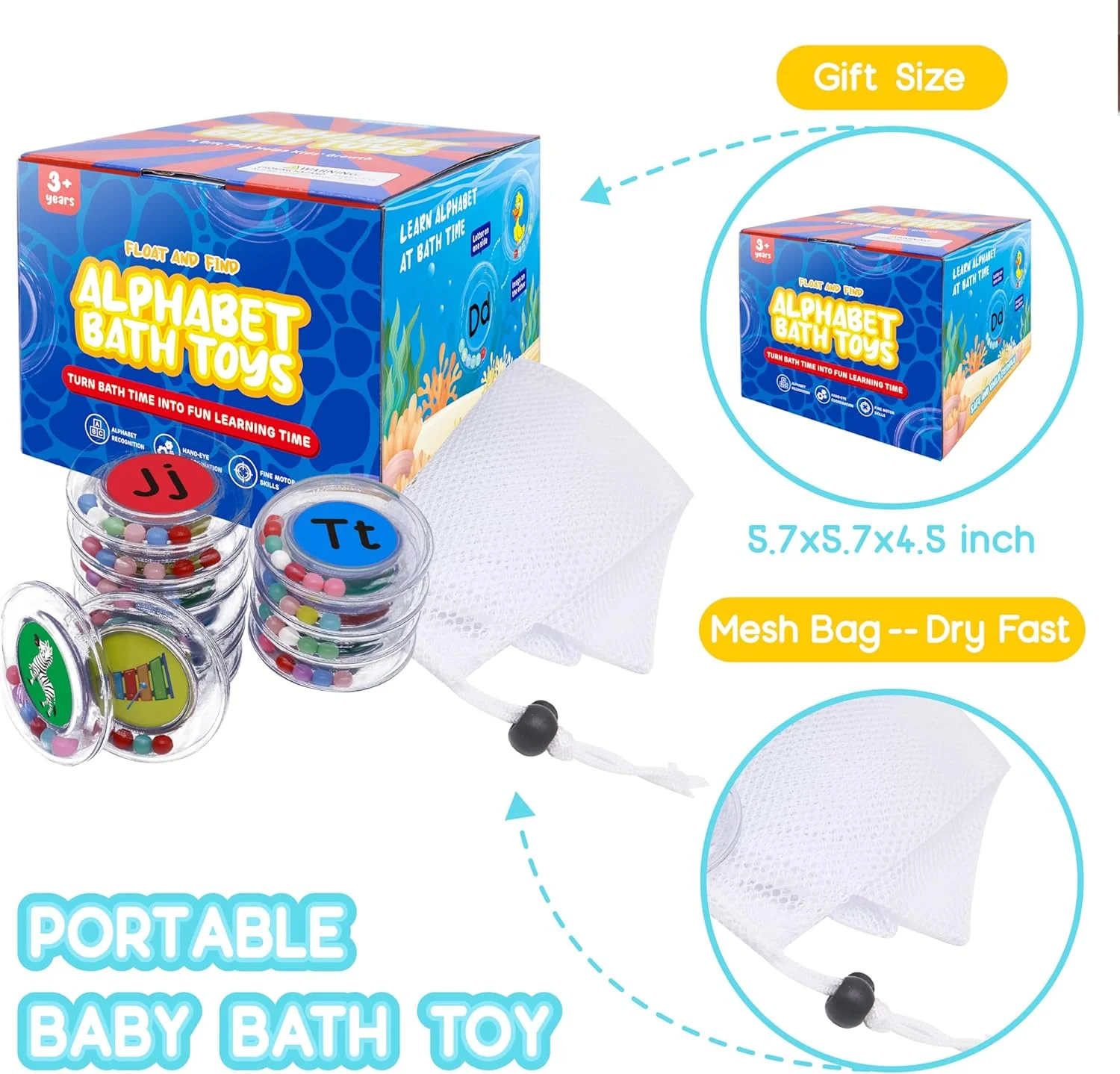 حلقه اسباب بازی حمام الفبای شناور 26 تکه، مجموعه اسباب بازی استخر آب وان بدون کپک با کیف توری برای کودکان 2، 3، 4 ساله - هدایای آموزشی ABC پیش دبستانی