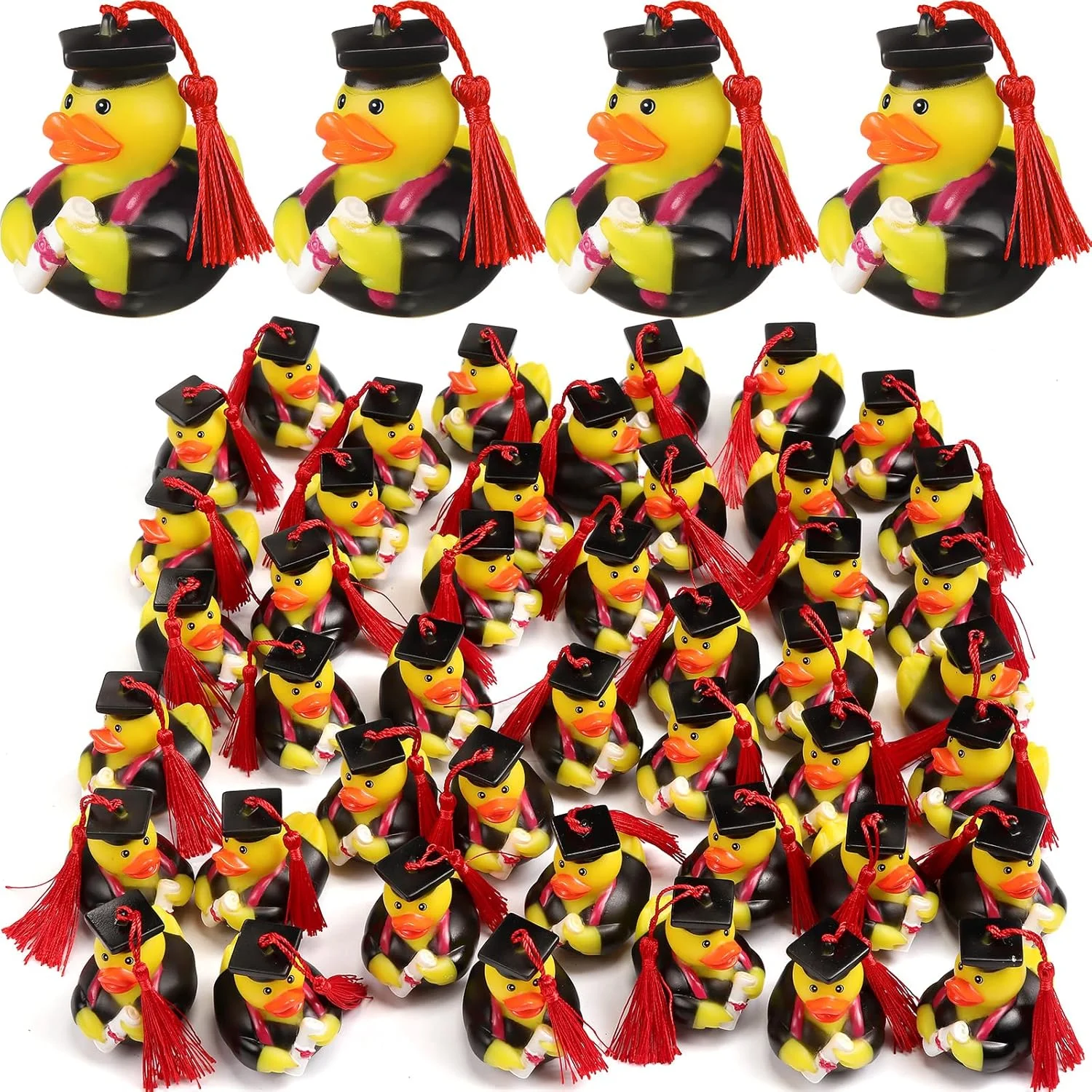 تعداد 48 عدد اردک لاستیکی قرمز رنگ با کلاه فارغ التحصیلی، اردک های جشن فارغ التحصیلی 2025، تزئین کیک و مناسب مهمانی با تم استخر و حمام، اندازه 6.35 در 6.35 در 5.08 سانتی متر