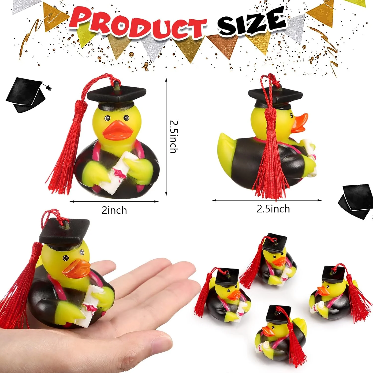 تعداد 48 عدد اردک لاستیکی قرمز رنگ با کلاه فارغ التحصیلی، اردک های جشن فارغ التحصیلی 2025، تزئین کیک و مناسب مهمانی با تم استخر و حمام، اندازه 6.35 در 6.35 در 5.08 سانتی متر