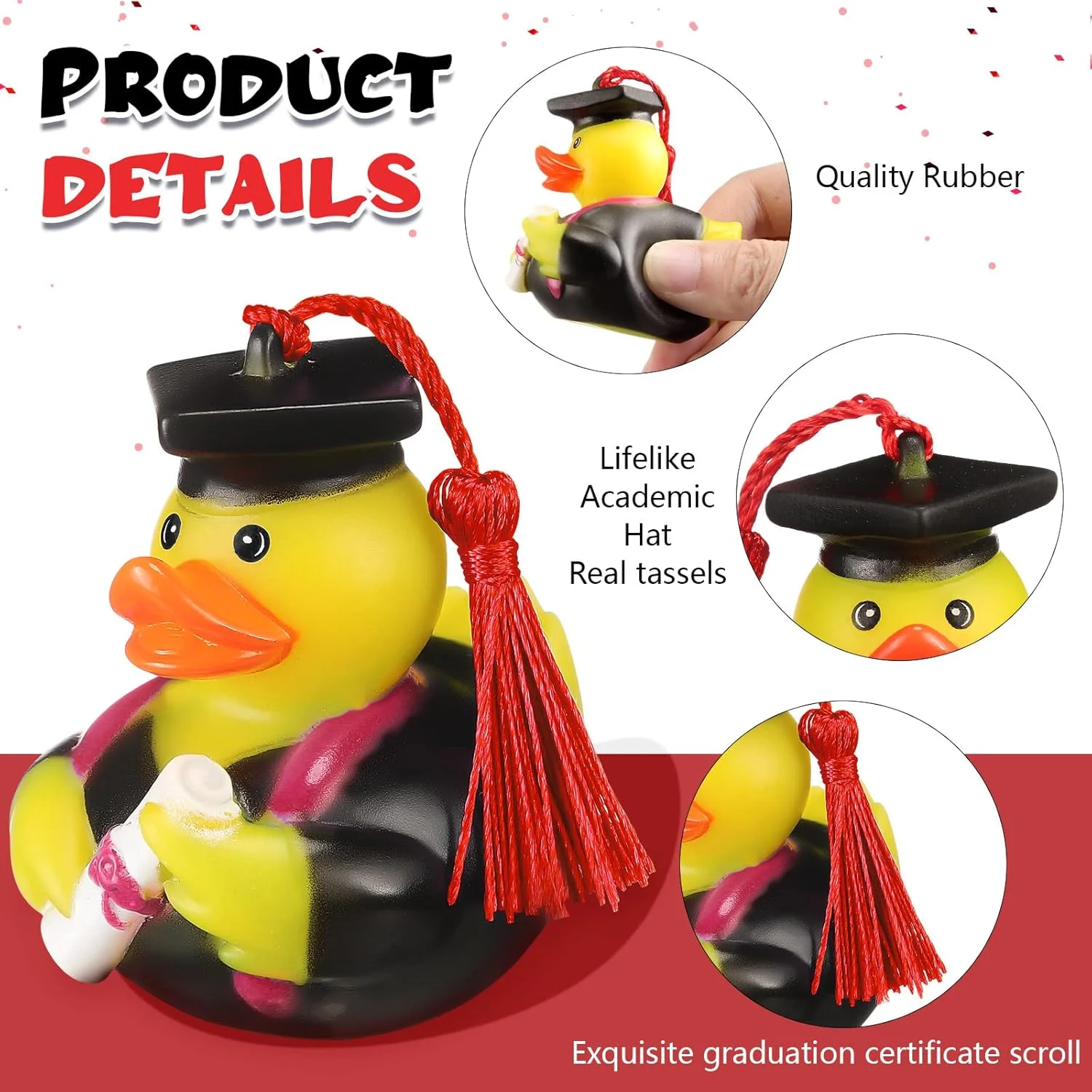 تعداد 48 عدد اردک لاستیکی قرمز رنگ با کلاه فارغ التحصیلی، اردک های جشن فارغ التحصیلی 2025، تزئین کیک و مناسب مهمانی با تم استخر و حمام، اندازه 6.35 در 6.35 در 5.08 سانتی متر