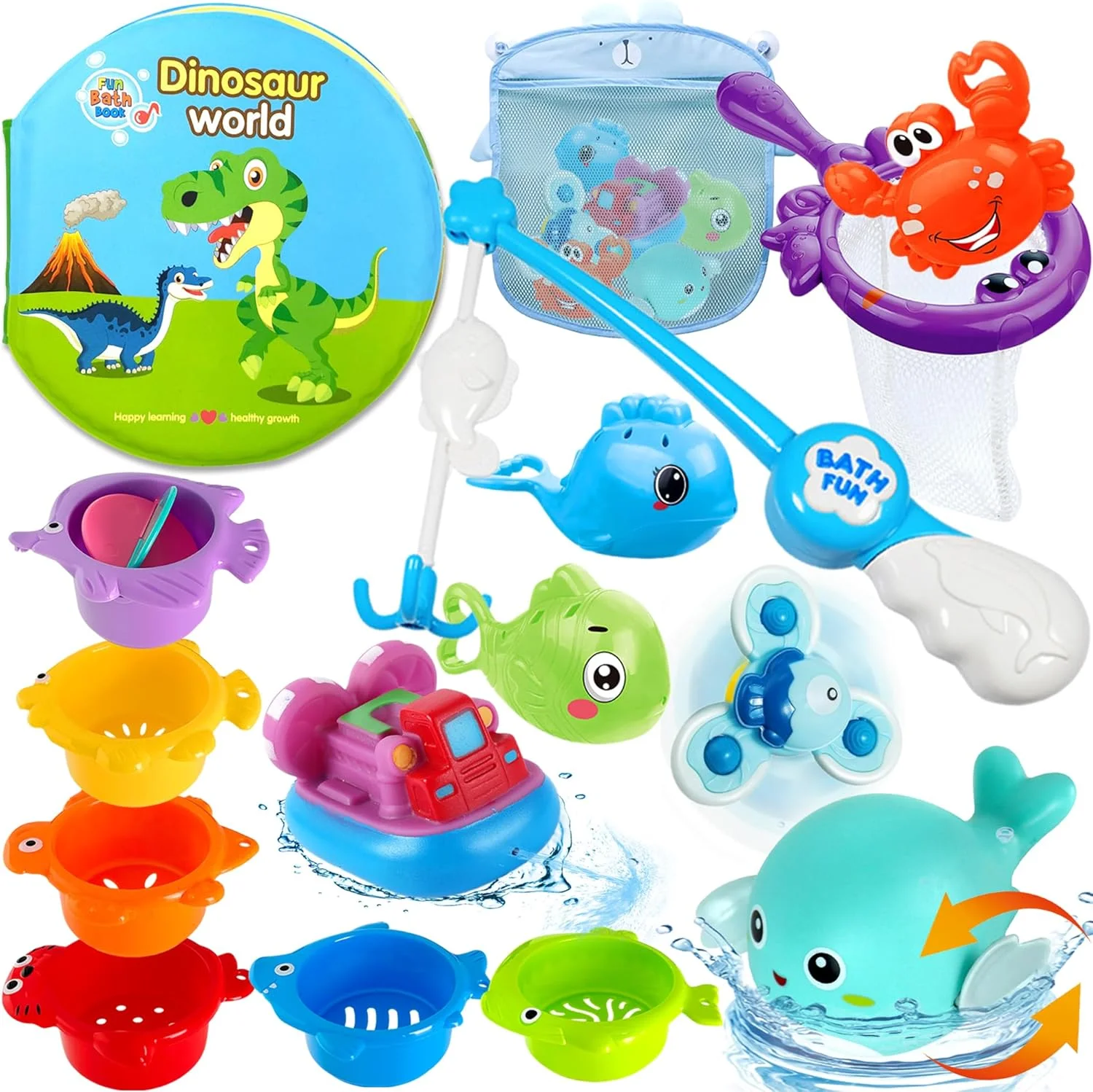 مجموعه 16 تکه اسباب بازی حمام کودک با تور، کتاب حمام با طرح دایناسور، اسباب بازی های شناور آب پاش، همراه حمام برای کودکان 1، 2، 3، 4 ساله