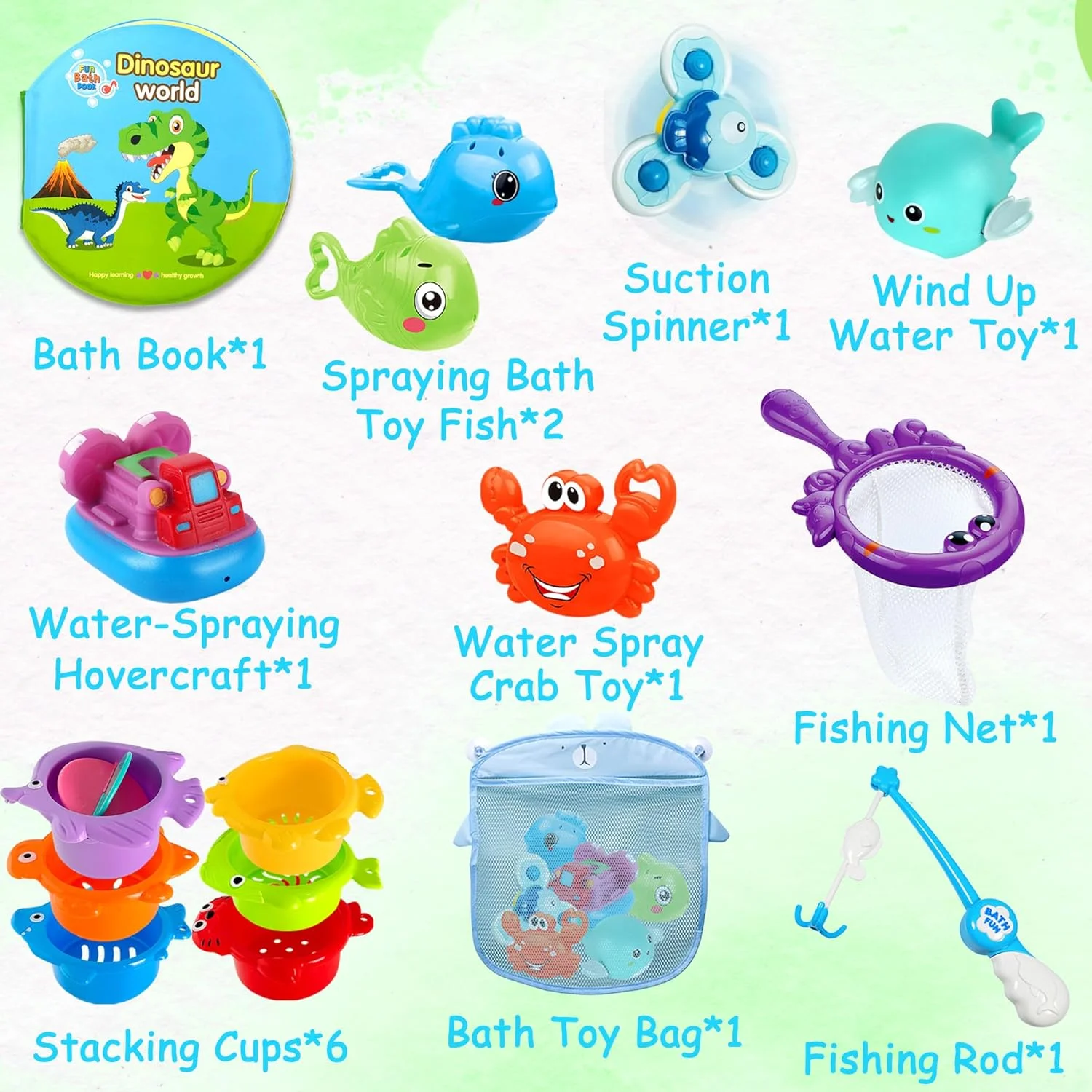 مجموعه 16 تکه اسباب بازی حمام کودک با تور، کتاب حمام با طرح دایناسور، اسباب بازی های شناور آب پاش، همراه حمام برای کودکان 1، 2، 3، 4 ساله