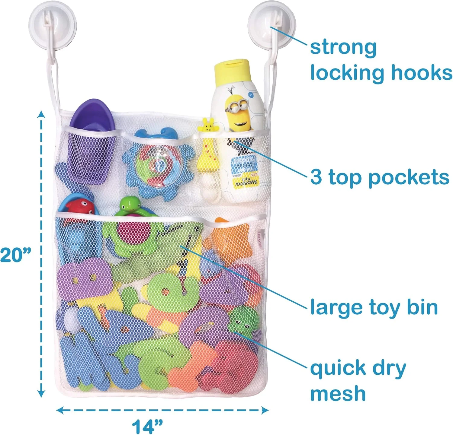 محفظه نگهداری اسباب بازی حمام Lilly's Love - بزرگ، 35 در 50 سانتی متر + 2 قلاب قفل شونده، خشک شدن سریع و آسان برای جمع آوری اسباب بازی های حمام توسط کودکان