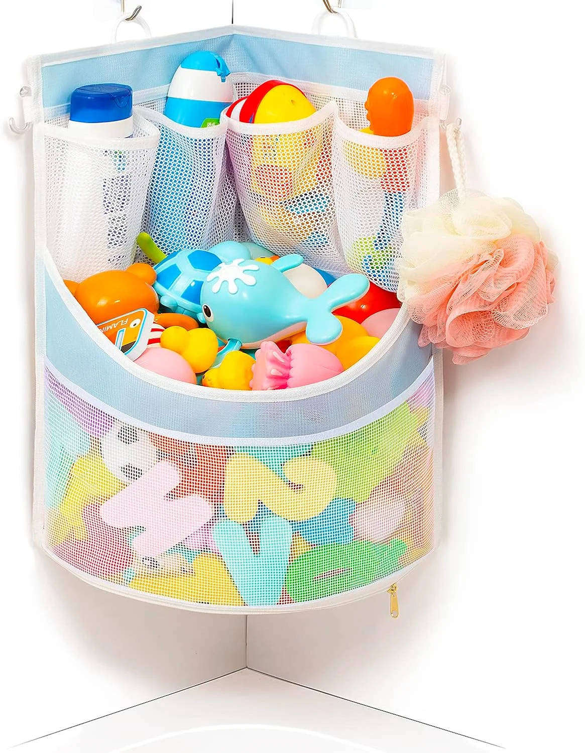 کیف توری نگهداری اسباب بازی حمام کودک Ligereza، روش های مختلف آویز کردن، ظرفیت بسیار بزرگ و دهانه بزرگ، نگهدارنده اسباب بازی حمام، کیف نگهداری اسباب بازی حمام با 2 جیب جانبی