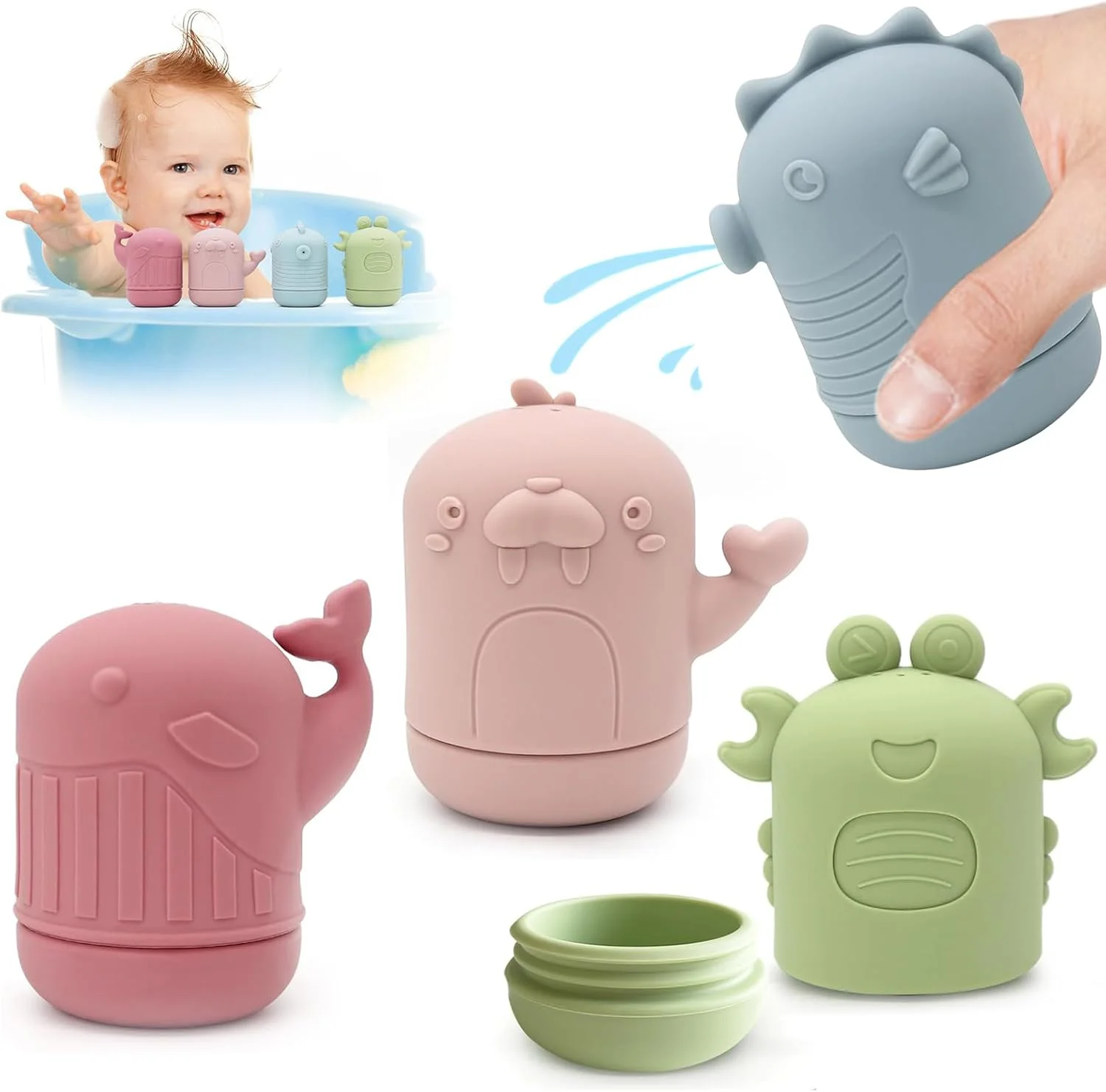 بسته 4 عددی اسباب بازی حمام، اسباب بازی حمام کودک سیلیکونی، اسباب بازی وان حمام، حیوانات آب پاش، کودکان، اسباب بازی آبی، هدایای استخر حمام برای نوزادان، کودکان نوپا، پسران، دختران از 6 ماهگی، 1 سالگی