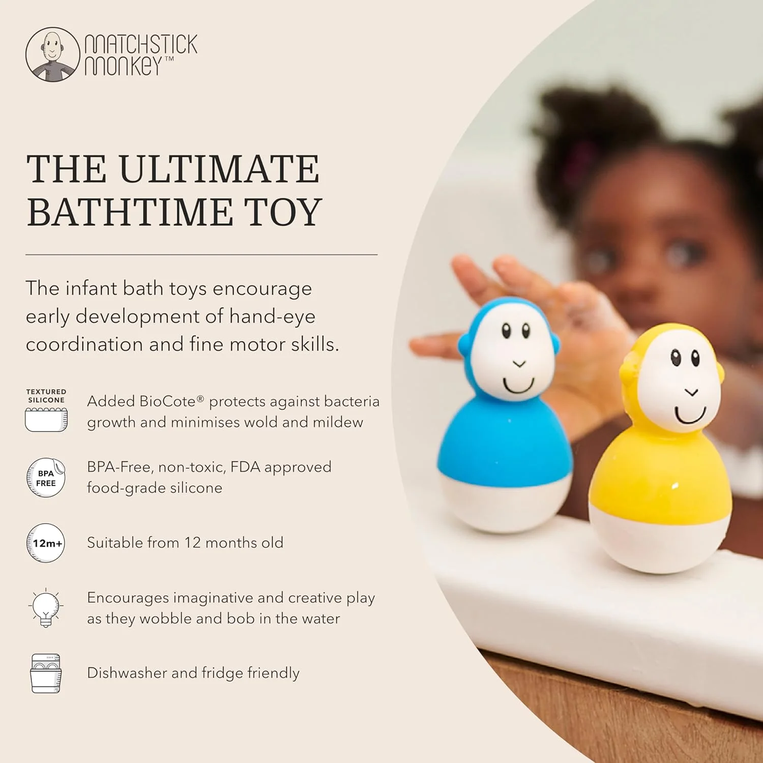 اسباب بازی های حمام Matchstick Monkey، اسباب بازی های شناور حمام کودک، ضد میکروبی، گرفتن آسان، یادگیری حسی - 2 عدد، 12 ماهه و بالاتر، آبی و زرد