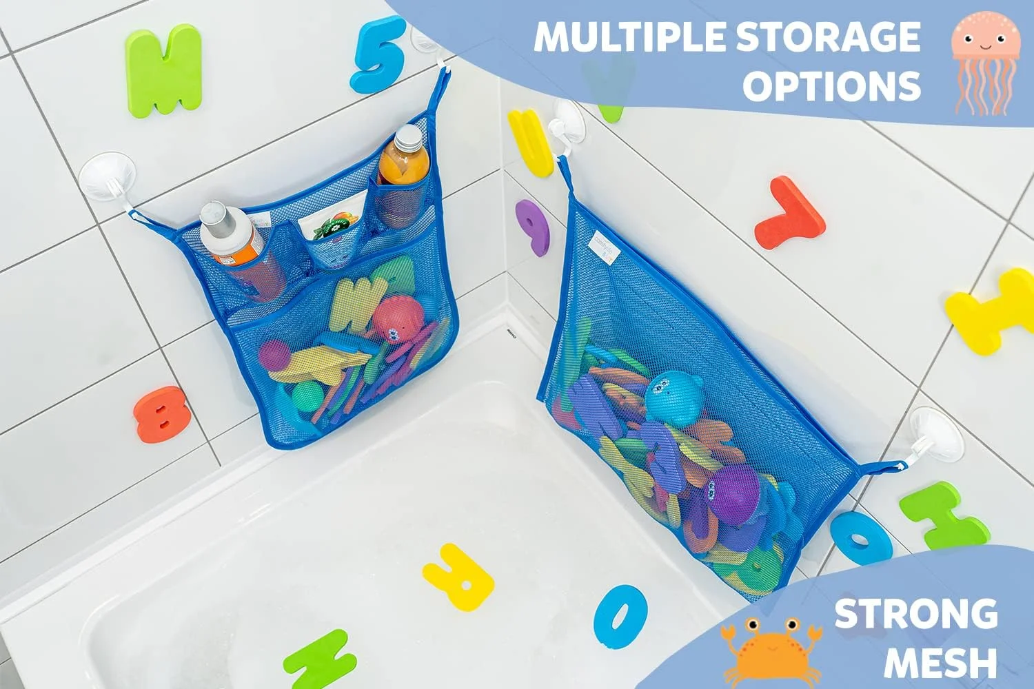 ۲ عدد ارگانایزر توری اسباب بازی حمام + ۶ قلاب فوق العاده قوی - نگهدارنده عالی اسباب بازی وان حمام و قفسه حمام یا دوش - این کیف های توری چند منظوره نگهداری اسباب بازی حمام کودک را آسان می کنند - برای کودکان و نوپاها