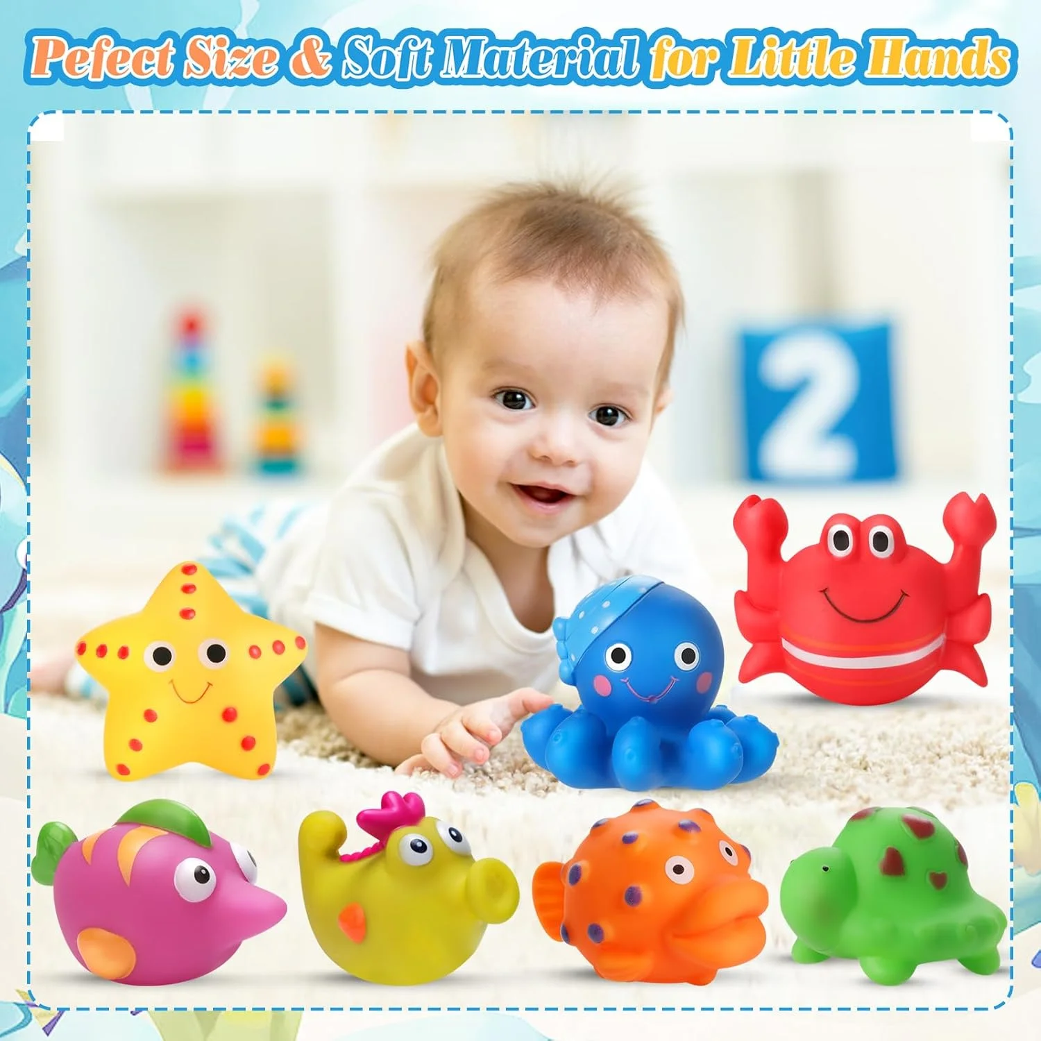 اسباب بازی حمام کودک بدون کپک برای کودکان نوپا 1-3 ساله، اسباب بازی های وان حیوانات دریایی بدون سوراخ و بدون کپک برای نوزادان 6-12-18 ماهه، اسباب بازی های حمام برای پسران و دختران 1 2 3 ساله (7 عدد با کیسه توری نگهداری)