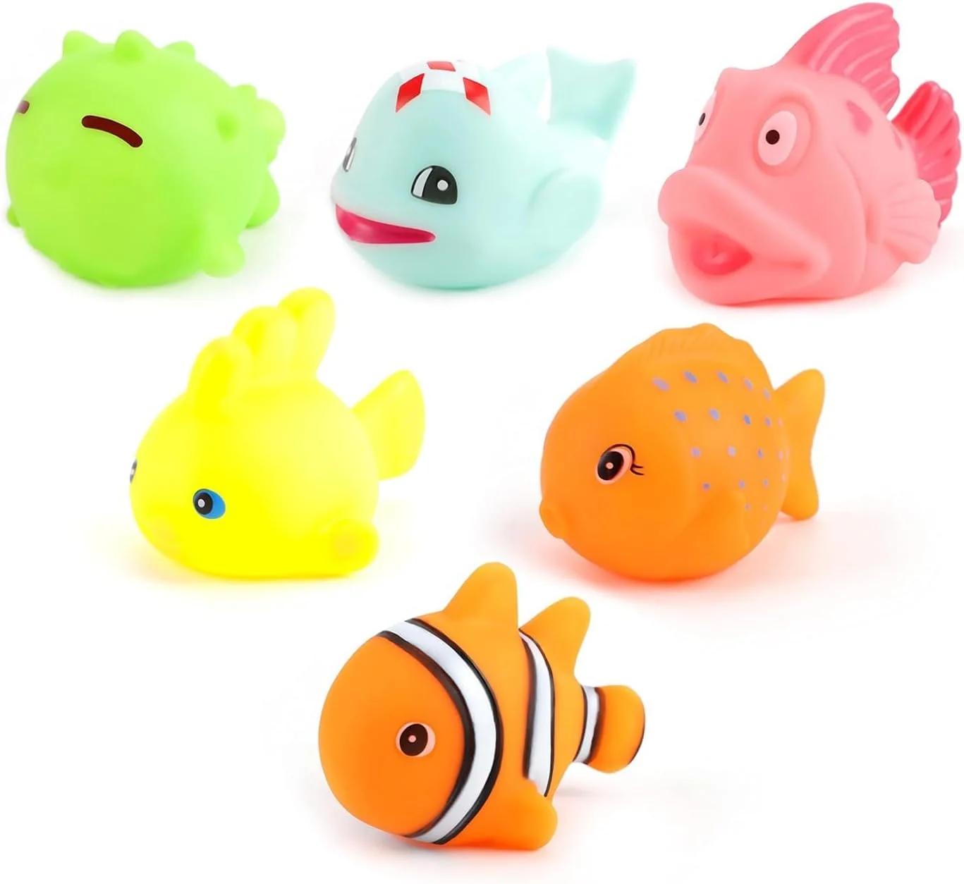 اسباب بازی های دریایی کودک برند مون - 6 عدد اسباب بازی ماهی حمام برای کودکان نوپا - لوازم جانبی استخر نرم کودک - اسباب بازی های آبی فشاری و شناور شخصیت های مختلف - چند رنگ