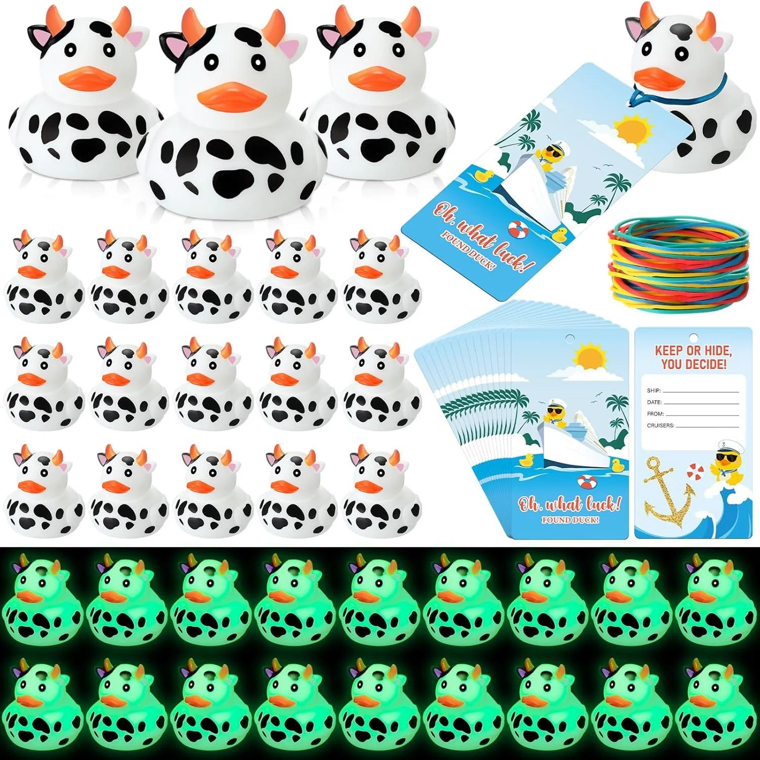 72 عدد مینی اردک های لاستیکی گاو شب تاب، عمده فروشی اردک، کارت تگ کشتی های کروز با نوار رنگارنگ برای مهمانی کروز، اردک های گاو برای تزئینات استخر شنا در وان حمام