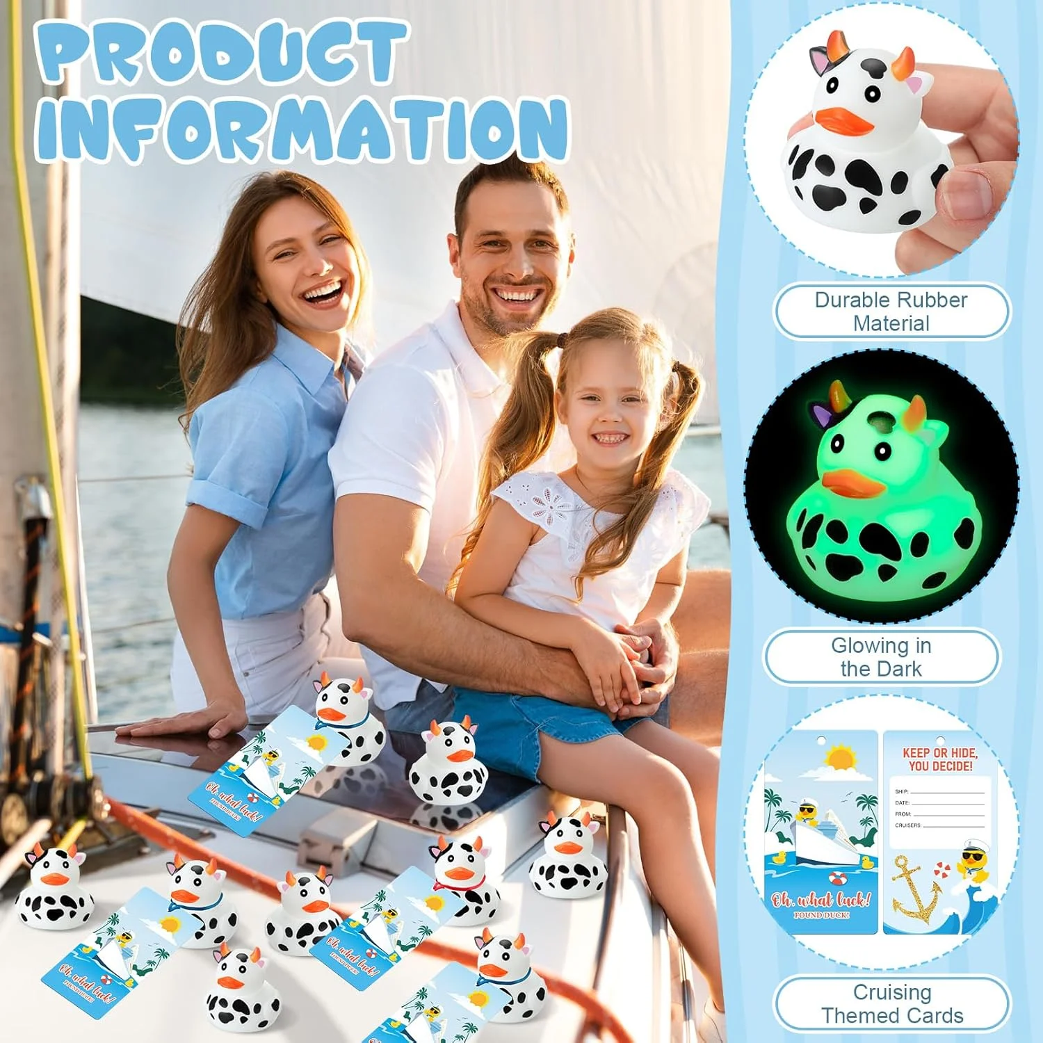 72 عدد مینی اردک های لاستیکی گاو شب تاب، عمده فروشی اردک، کارت تگ کشتی های کروز با نوار رنگارنگ برای مهمانی کروز، اردک های گاو برای تزئینات استخر شنا در وان حمام