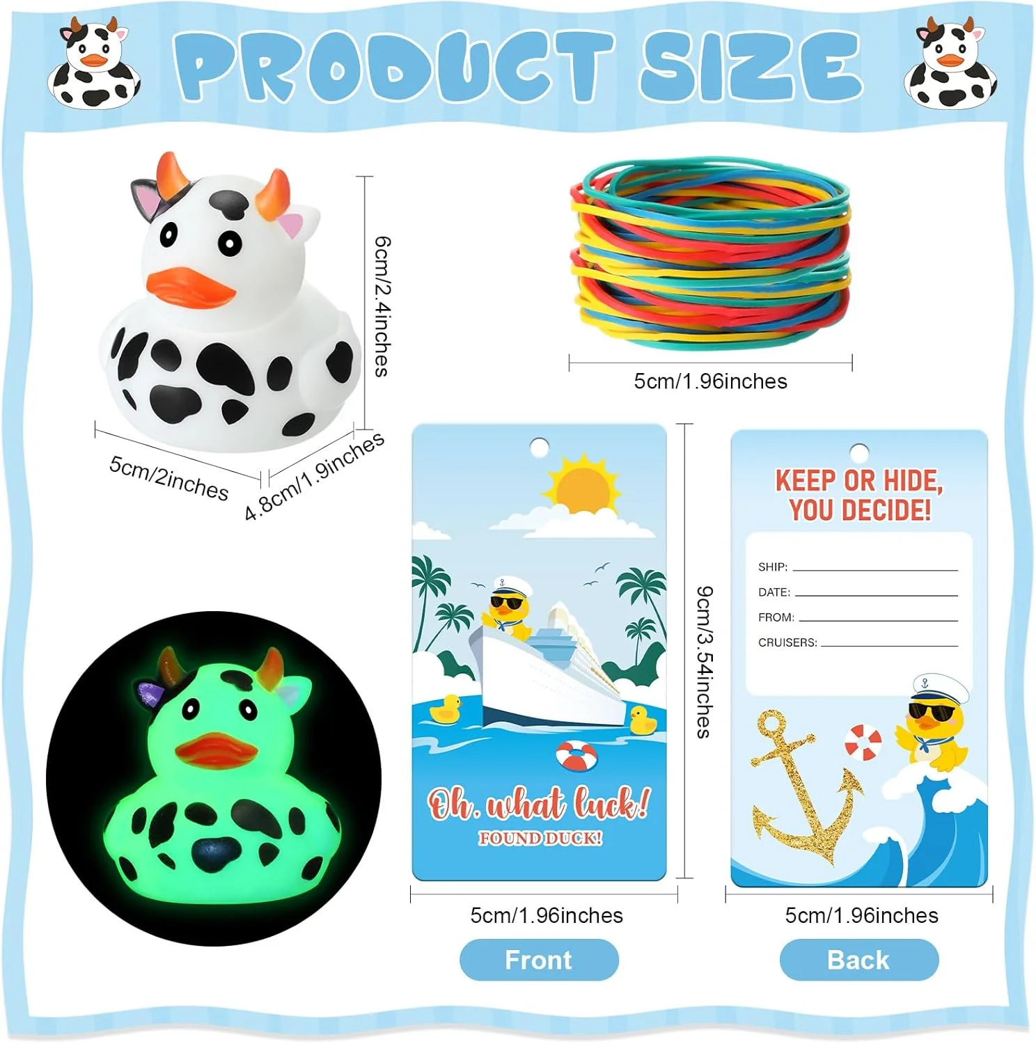 72 عدد مینی اردک های لاستیکی گاو شب تاب، عمده فروشی اردک، کارت تگ کشتی های کروز با نوار رنگارنگ برای مهمانی کروز، اردک های گاو برای تزئینات استخر شنا در وان حمام