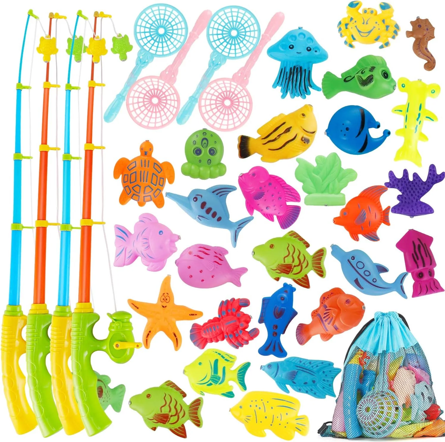 اسباب بازی ماهیگیری مغناطیسی، 60 قطعه بازی آهنربایی ماهیگیری با 3 چوب ماهیگیری، 3 مدال و 54 حیوان دریایی شناور اقیانوسی، اسباب بازی حمام کودک نوپا، اسباب بازی های آبی بازی ماهیگیری برای کودکان