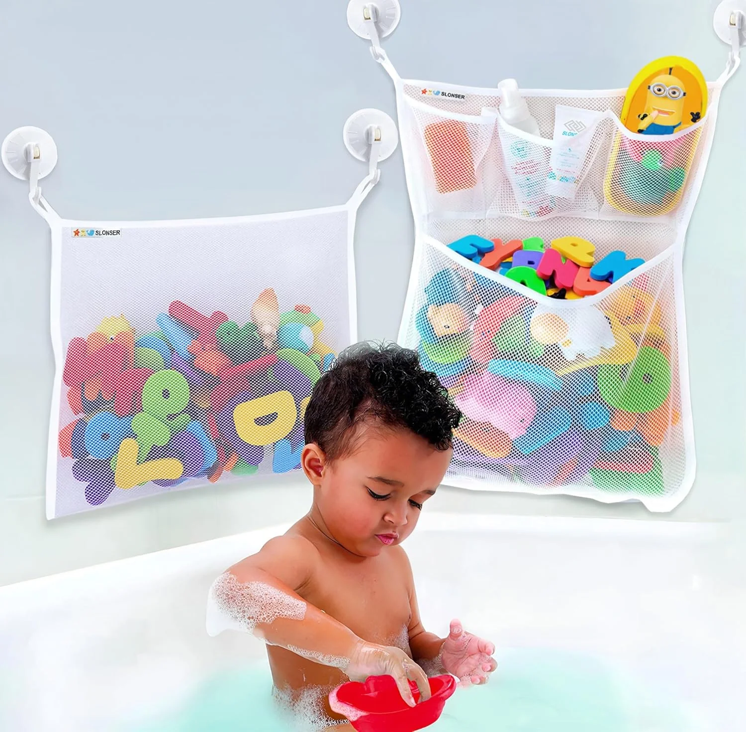 ۲ عدد سبد بزرگ نظم دهنده اسباب بازی حمام + ۶ عدد مکنده دیواری و ۴ عدد قلاب، سبد نگهدارنده اسباب بازی وان حمام، توری اسباب بازی حمام کودک، کیف توری نگهداری اسباب بازی حمام، سبد آویز وسایل حمام، سبد نگهداری اسباب بازی حمام کودک